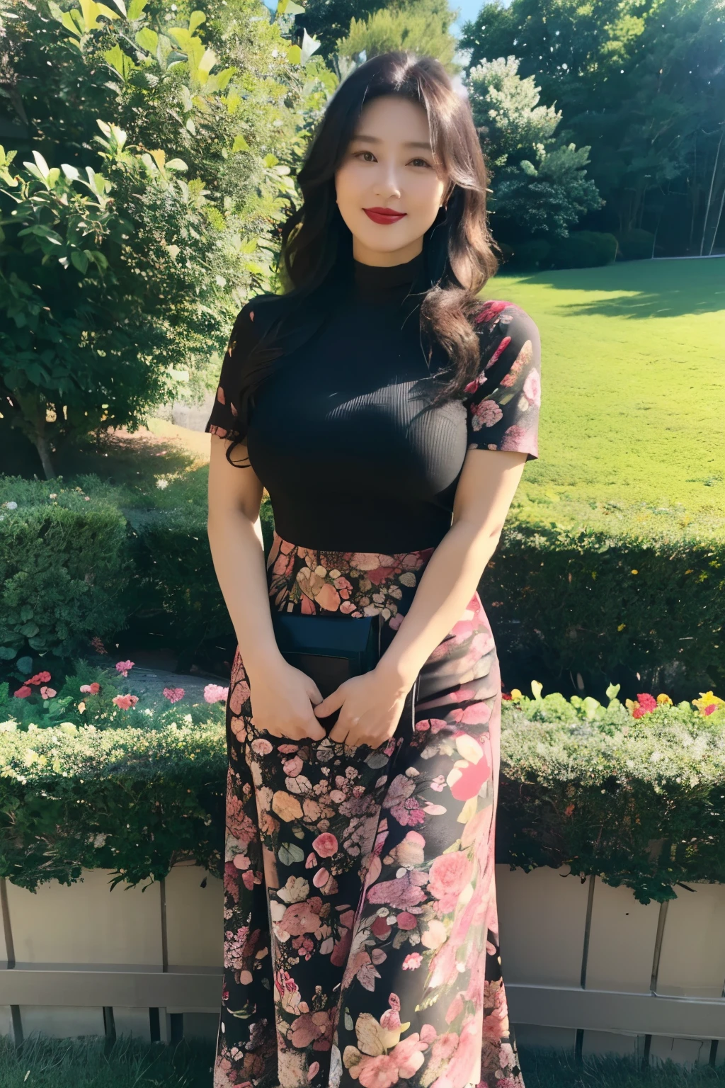 (top quality、8k、masterpiece:1.3))、45 year old Korean woman,sharp focus, High level of image quality, high resolution,,Wear floral black round neck dress,short sleeve,wavy long hair,Mature,charming smile,Draw lips correctly, red lipstick,garden background,stand,Chubby,Big breasts,full-body shot,beautiful woman,Leg length,