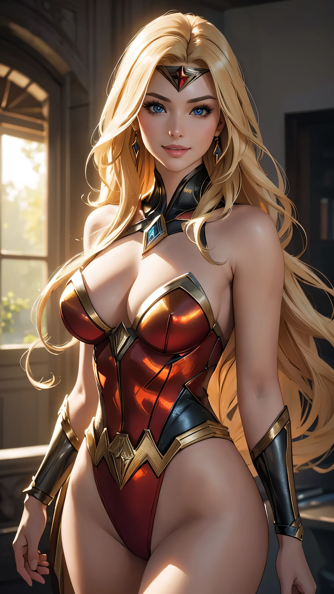 (best quality,ultra-detailed,photo-realistic:1.37),bright and vibrant colors,studio lighting,playful expression,stylish makeup,long blonde hair flowing in the wind,alluring eyes,glossy lips,sexy pose, DC Justice League, Headquarter, smiling in a confident and seductive way,posing for a professional photoshoot,shallow depth of field,highlighting the main subject,soft natural lighting,creating a dreamy and magical atmosphere.