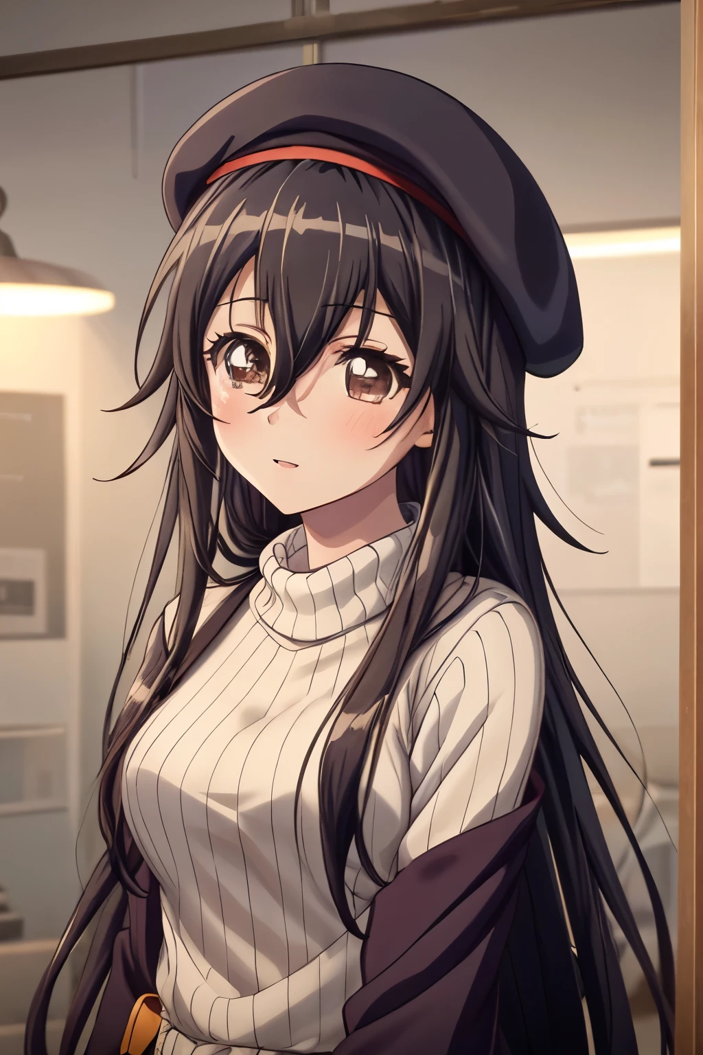 master piece, best quality, 8k, ultra high resolution, highest quality, anime style, best writing, beautiful face, masterpiece, perfect lighting one girl, Solo Ishikawagoe, long hair, black hair, light brown eyes, straggling hair, upper body, beige oversized dress sweater, Brown Stall, Brown beret