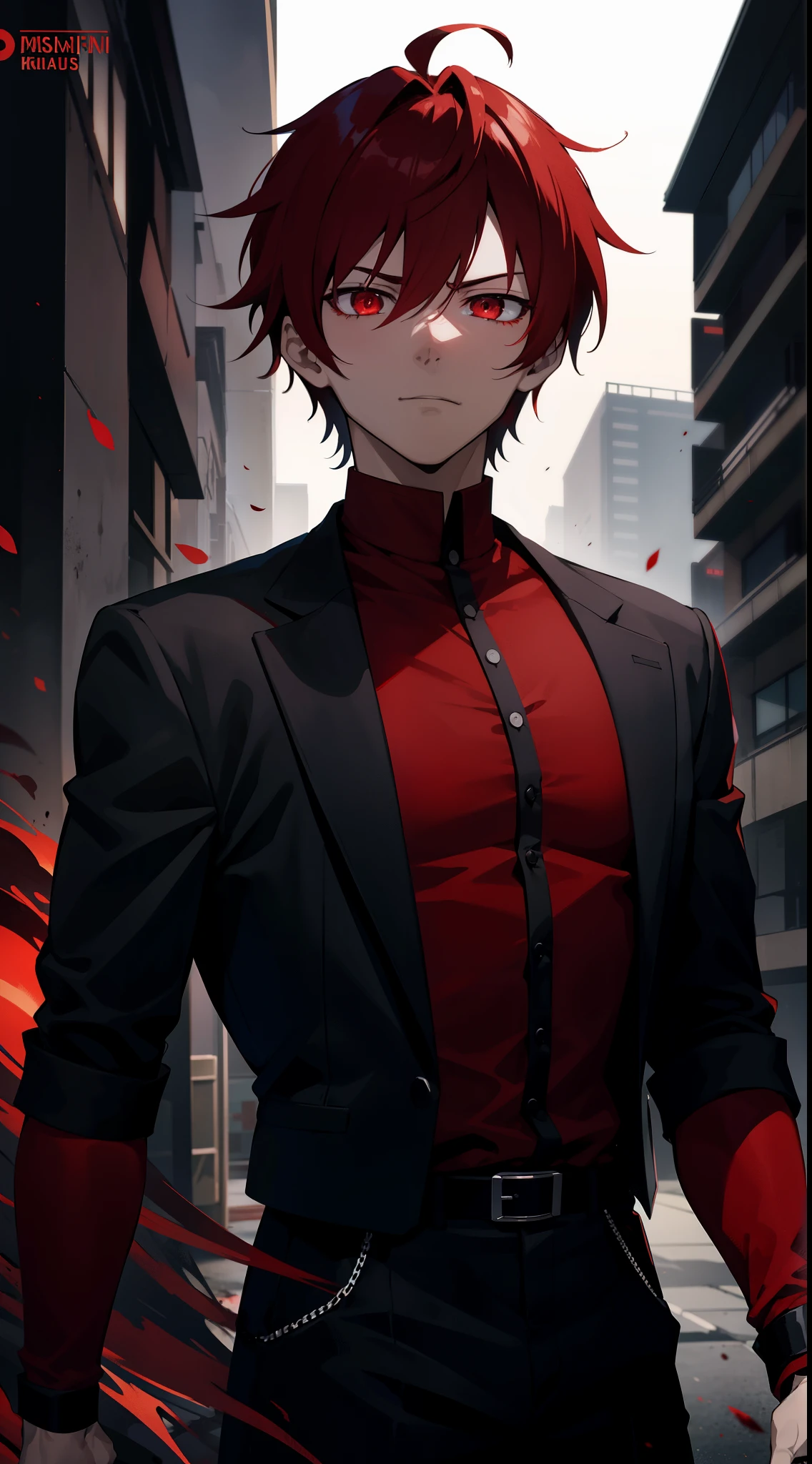 anime boy with a red hair and a black outfit, cinematic dark lighting manga anime focused on the look, murderous pose, light coming in focused on the face, dark, weather, masterpiece, anime, menacing gaze, menacing, blood perception, light, sky, anime colors