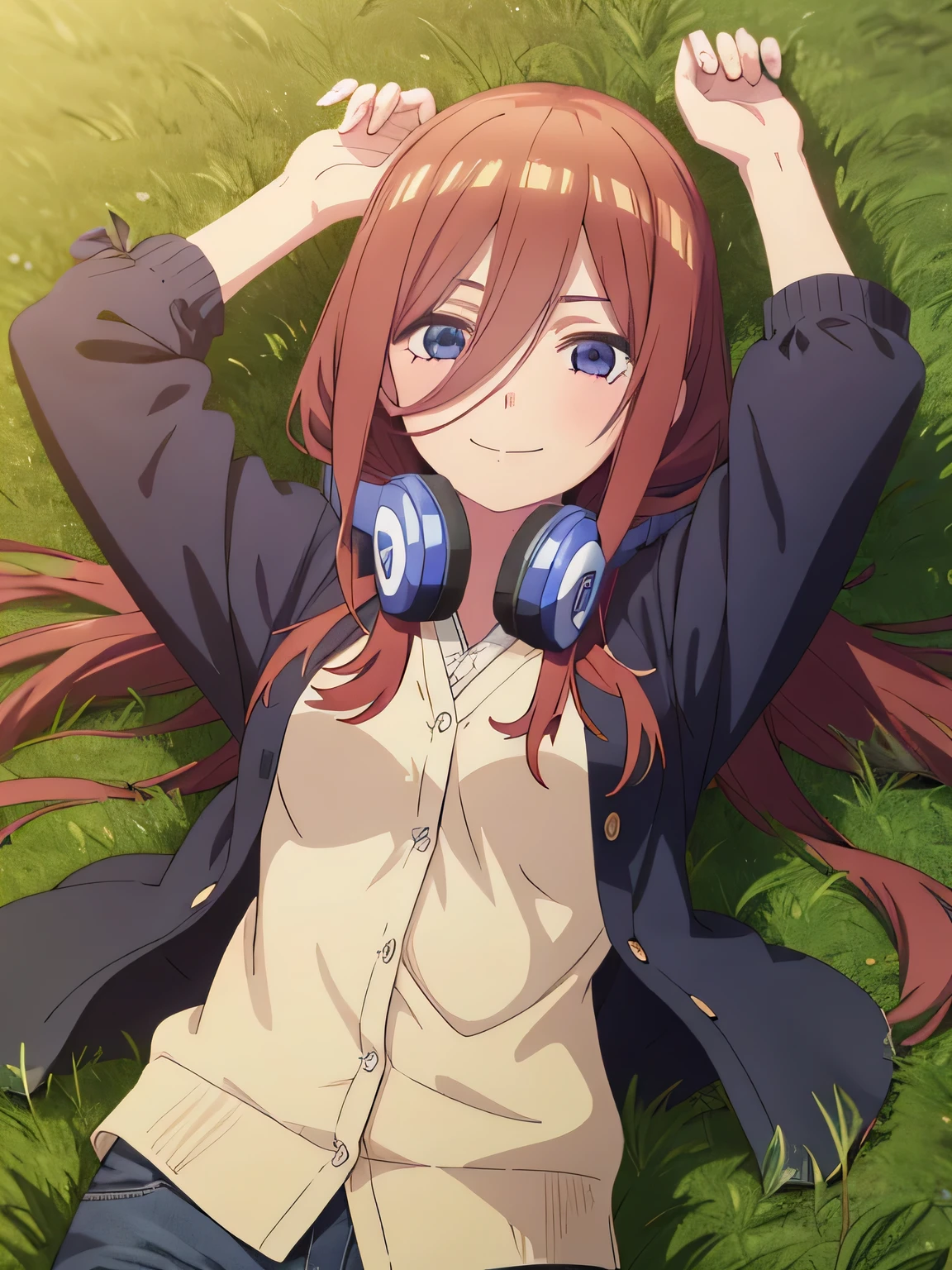 solo, 1girl, looking at viewer, 2D, anime, anime coloring, high quality solo, cowboy shot, lying, on back, on grass, spread arms, shy smile, arms up, closed mouth, miku nakano, cardigan, headphones around neck, looking at viewer, smile