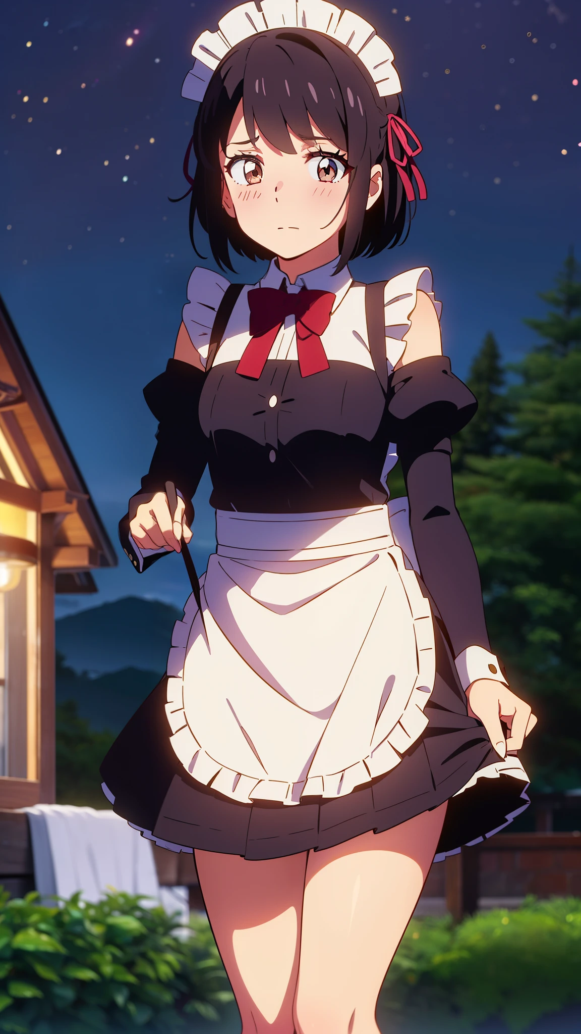 shinkai makoto, kimi no na wa., 1girl, bangs, black hair, short hair, blush, brown eyes, looking at the viewer, ((girl wear maid dress, short dress, short skirt, maid headdress)), Off-the-shoulders, red bow, red ribbon, school, outdoors, night, night sky, despair face, dark