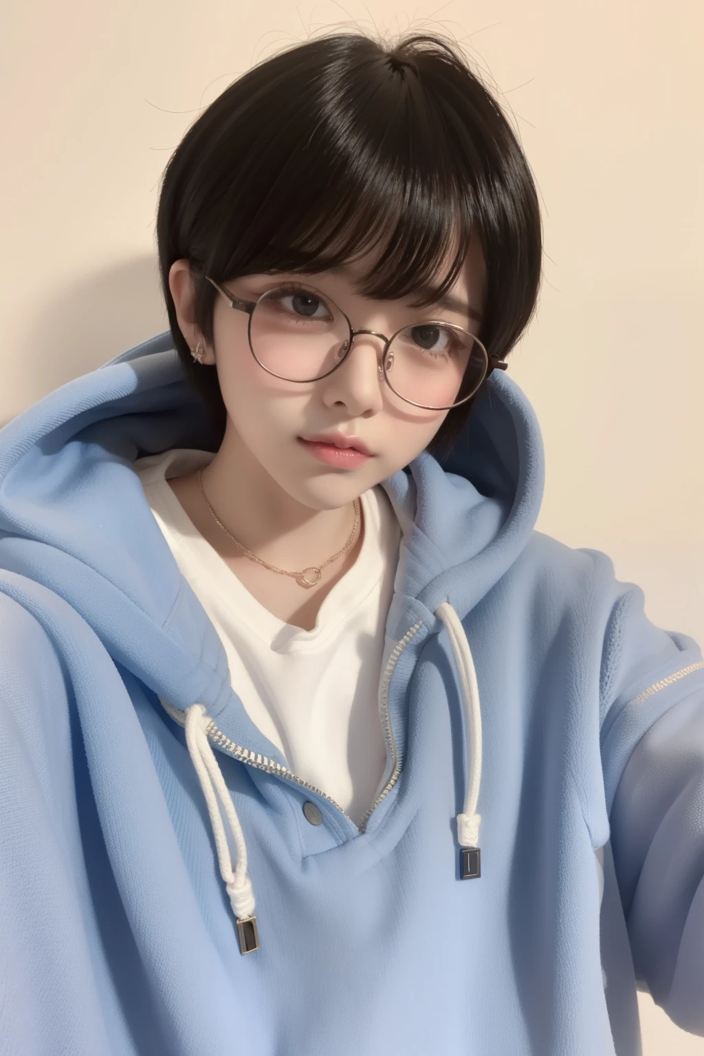 top-quality、8K、32K、perfection masterpiece、nffsw:1.2)、1 cute boy、one cute boy with round-glasses、super detailed adorable face、super detailed button nose、a dark-haired、heavy bangs、hoodie、shorth mullet hair、extra very short hair、white background、mullet cut hair、extremely shyness expression、super detailed blushed over cheeks、weared round-glasses with thin rimmed, super perfection detailed face, super detailed hoodie, super detailed round-glasses with thin rimmed