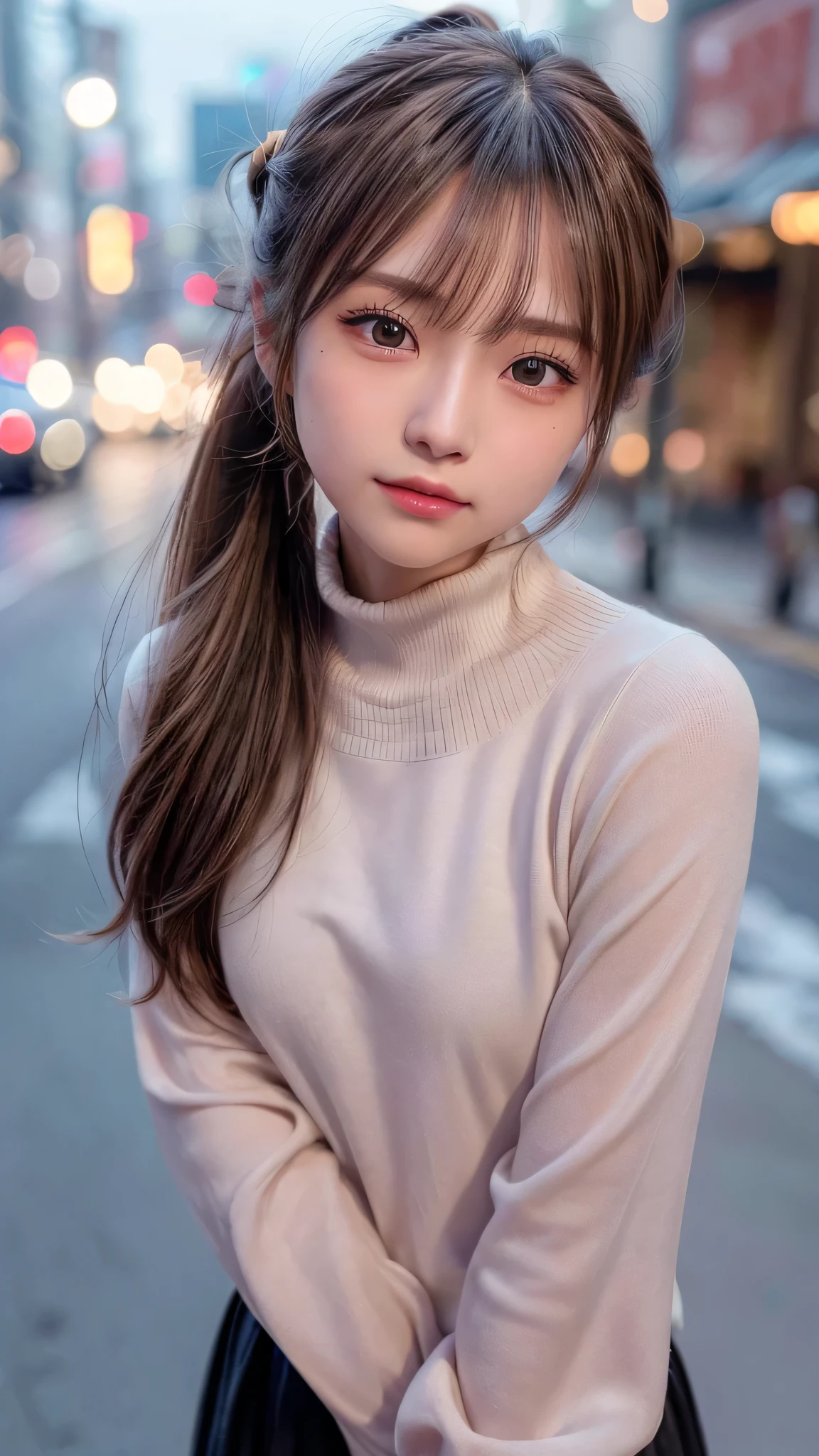 blush,14 years old,small breasts,winter,european cityscape,night,long hair ponytail,outdoors,warm winter clothes,wearing a hoodie with a hood,close up of face,((8K, Raw photo, best quality, muste piece:1.2), (Reality, photorealistic:1.4), (Highly detailed 8K wallpaper), Depth of the bounds written, cinematic lighting, soft light, detailed beauty eye,Shiny and smooth light brown ponytail, asymmetrical bangs, shiny skin, super detailed skin ,high resolution, high detail, detailed hairstyle, detailed beauty face, hyper real, perfect limbs, perfect anatomy ,1 Japanese girl,famous japanese idol, perfect female body,shy smile,short eyelashes,double-edged eyelids,look straight here,Hair style is ponytail,