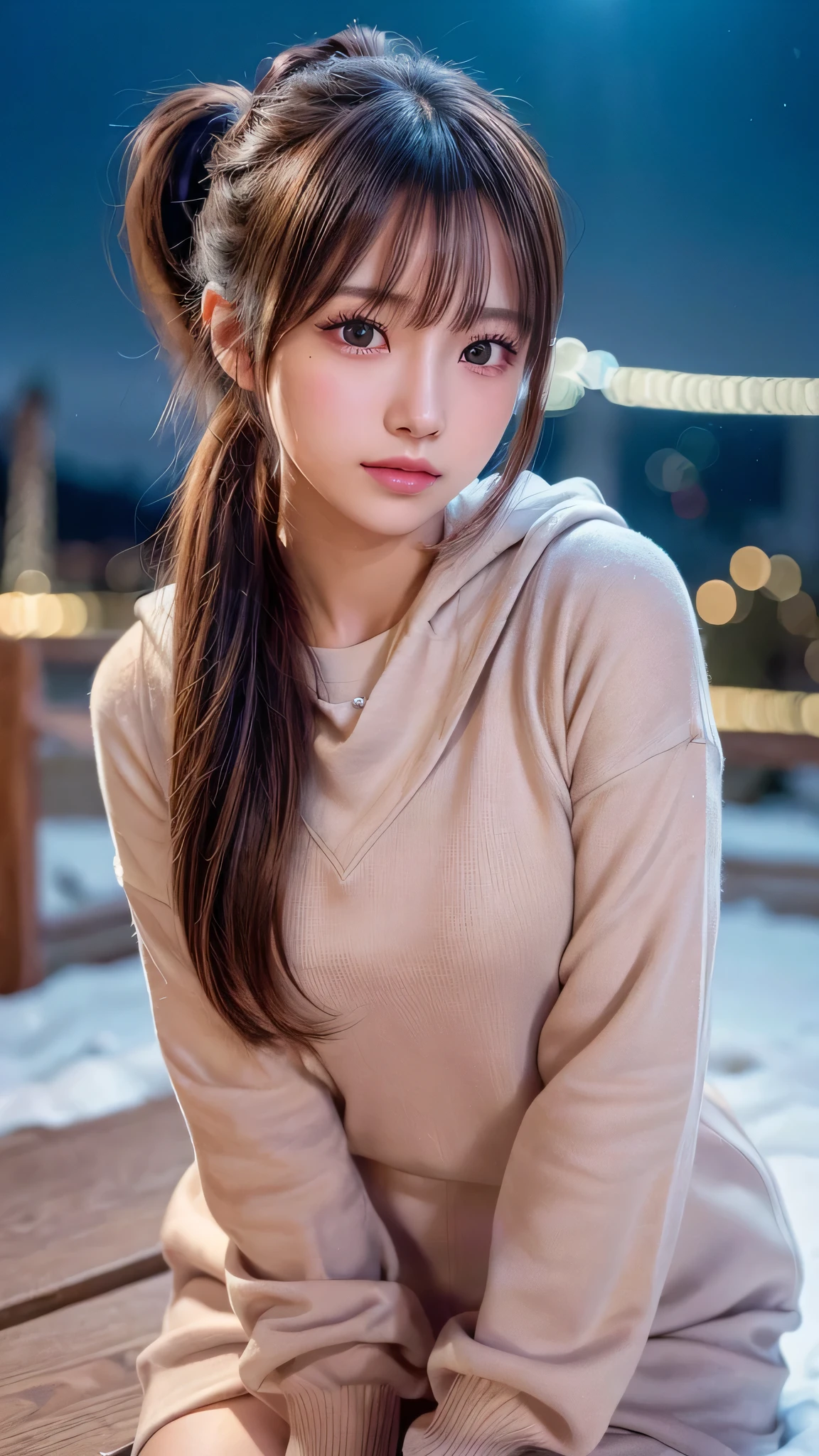 blush,14 years old,small breasts,winter,european cityscape,night,long hair ponytail,outdoors,warm winter clothes,wearing a hoodie with a hood,close up of face,((8K, Raw photo, best quality, muste piece:1.2), (Reality, photorealistic:1.4), (Highly detailed 8K wallpaper), Depth of the bounds written, cinematic lighting, soft light, detailed beauty eye,Shiny and smooth light brown ponytail, asymmetrical bangs, shiny skin, super detailed skin ,high resolution, high detail, detailed hairstyle, detailed beauty face, hyper real, perfect limbs, perfect anatomy ,1 Japanese girl,famous japanese idol, perfect female body,shy smile,short eyelashes,double-edged eyelids,look straight here,Hair style is ponytail,