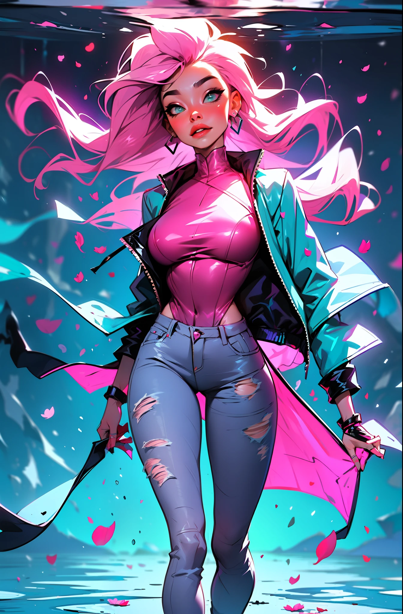 cyberpunk female woman wearing (Rose Quartz Pink Denim Jacket with chromatic accents:1.1), sleek full bodysuit, (Petal Blush,Lagoon Blue color background:1.3),