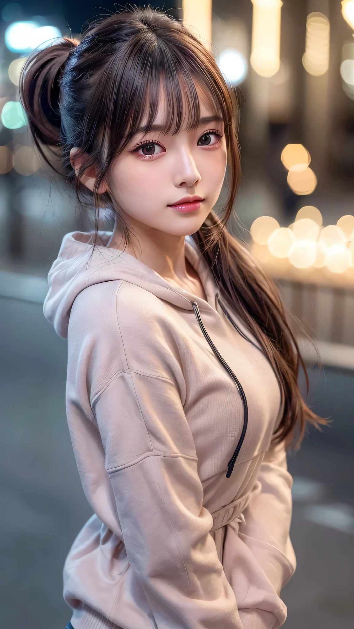 blush,,small breasts,winter,european cityscape,night,long hair ponytail,outdoors,warm winter clothes,wearing a hoodie with a hood,close up of face,((8K, Raw photo, best quality, muste piece:1.2), (Reality, photorealistic:1.4), (Highly detailed 8K wallpaper), Depth of the bounds written, cinematic lighting, soft light, detailed beauty eye,Shiny and smooth light brown ponytail, asymmetrical bangs, shiny skin, super detailed skin ,high resolution, high detail, detailed hairstyle, detailed beauty face, hyper real, perfect limbs, perfect anatomy ,1 Japanese girl,famous japanese idol, perfect female body,shy smile,short eyelashes,double-edged eyelids,look straight here,Hair style is ponytail,