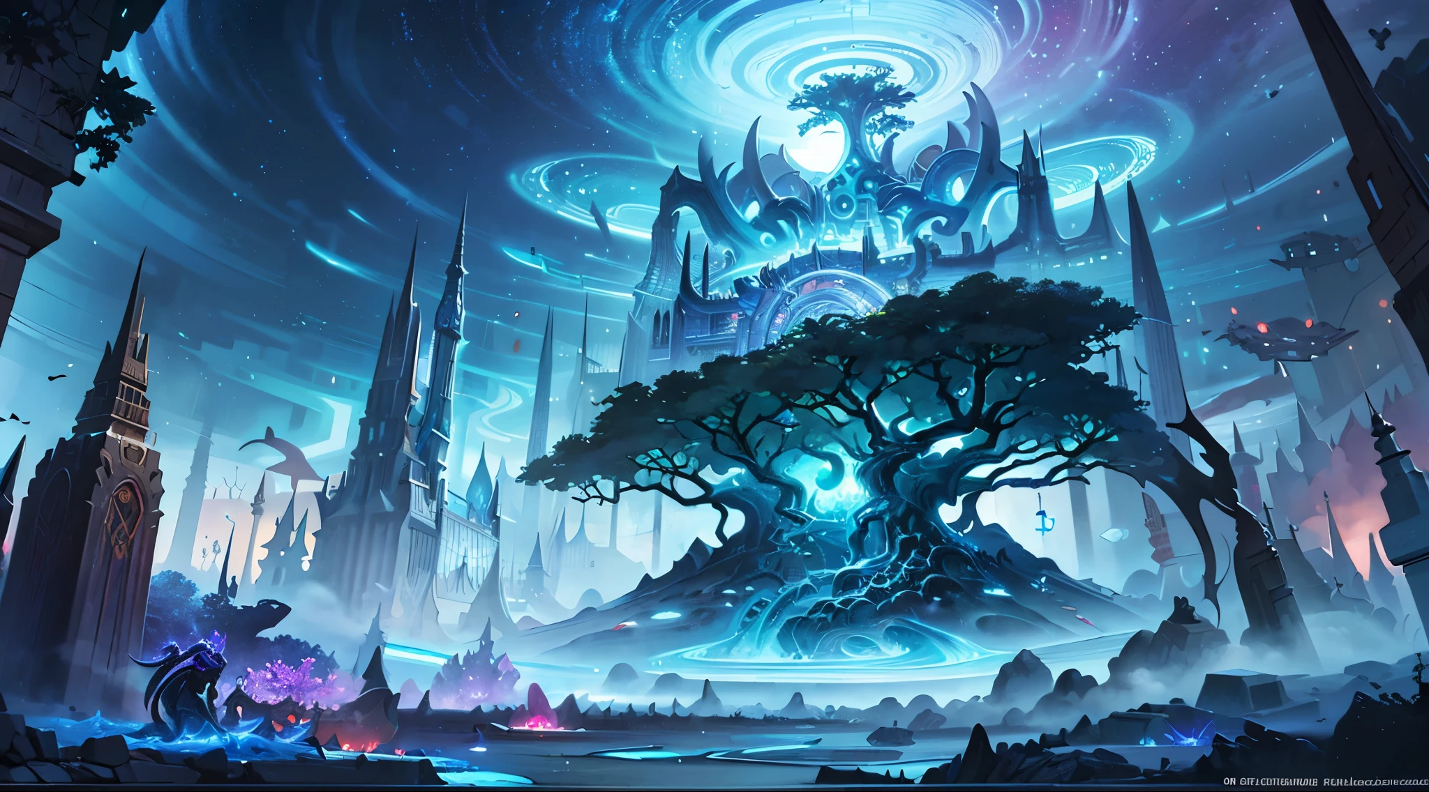 A painting of a tree in a forest，The background is a huge moon, World of Warcraft Art style, World of Warcraft splash art, Stunning mystery background, 4K fantasy art, Fractal ThunderDan Mumford, World of Warcraft Art, Detailed digital 2D fantasy art, World of Warcraft concept art, Concept Art Wallpaper 4K, detailed fantasy art