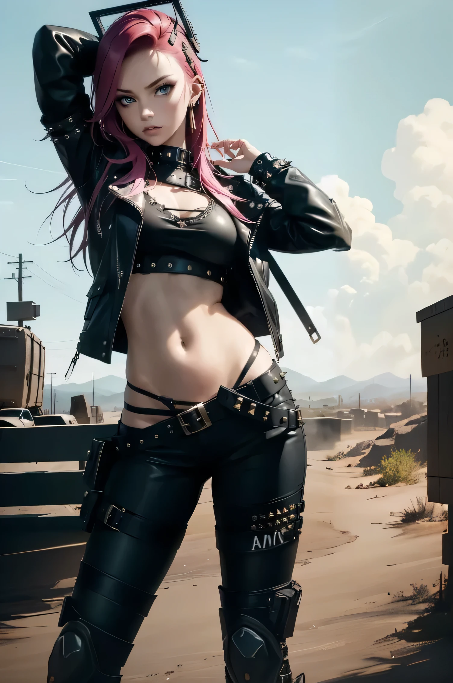 Una mujer vestida de cuero posando en el desierto., mujer chica anime ciberpunk, Chica seductora anime, chica anime ciberpunk, seductive dark fantasy cyberpunk, chica anime atractiva, chica anime en la vida real, female action anime girl, wearing techwear and armor, cyberpunk 2 0 years. o model girl, obra de arte al estilo de guweiz, hermosa y seductora mujer anime