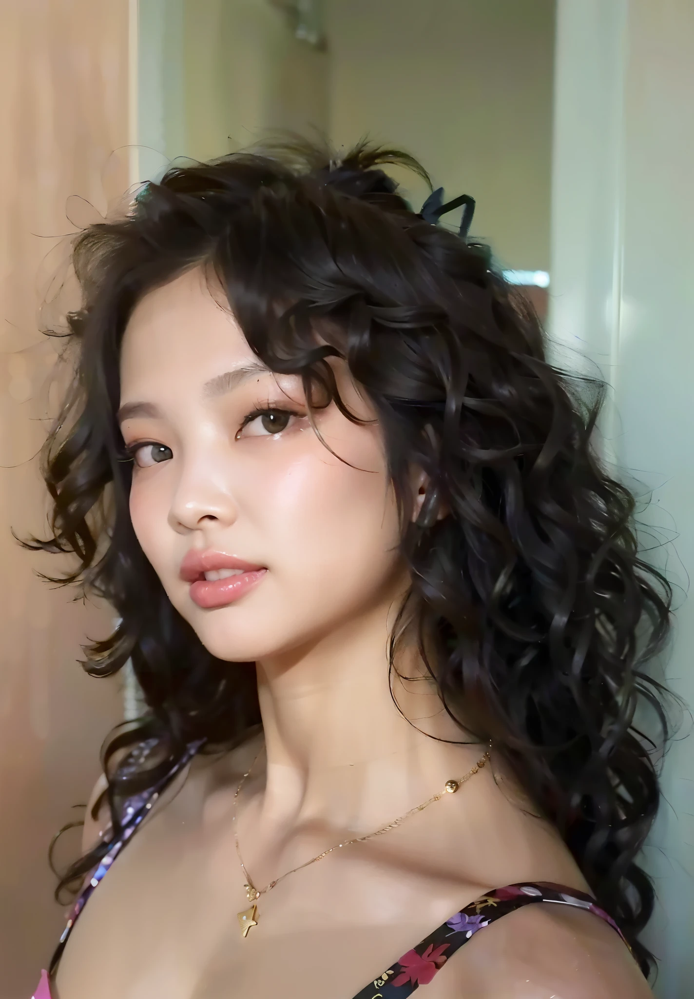 a close up of a woman with Encaracolado hair and a necklace, messy Encaracolado hair, Encaracolado bangs, sem maquiagem cabelos ondulados, Encaracolado haired, Encaracolado middle part haircut, seu rosto emoldurado por cachos, long messy Encaracolado hair, with a Encaracolado perm, profile picture with headshot, Encaracolado hair, with long Encaracolado hair, Encaracolado, Encaracolado dark hair, bochechas rosadas, jennie Kim, jennie , blackpink
