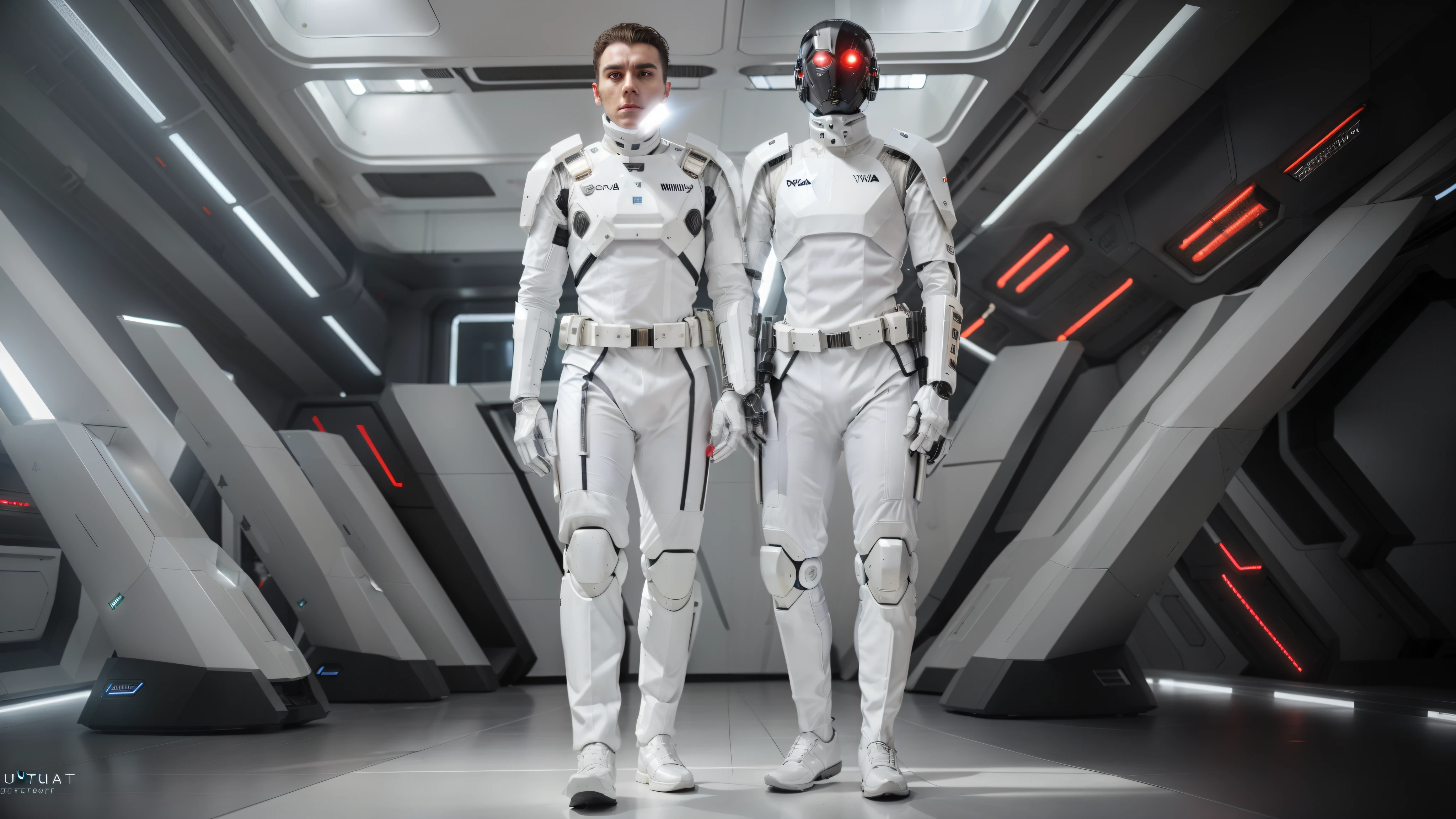 there are two men in white suits standing in a futuristic room, futuristic starship crew member, wearing roupas futuristas, roupas futuristas and helmet, dystopian scifi outfit, terno futurista, vestindo equipamento espacial futurista, roupas futuristas, roupas futuristas, Futuristic technological wear and tear, sci fi futuristic costume, Traje espacial moderno, guarda-roupa futurista biopunk, Traje espacial futurista, em armadura futurista branca, Uma fotografia realista de um homem de 22 anos, with a frightening expression of anger, Messy black short hair, olhos pretos escuros, com uma cicatriz cortada no olho, sem barba, corpo forte, wearing black robotic armor, coberto com tinta vermelha, com fundo escuro com LEDs vermelhos, dramatic lighting, hiperdetalhado, hiperrealista, 8k