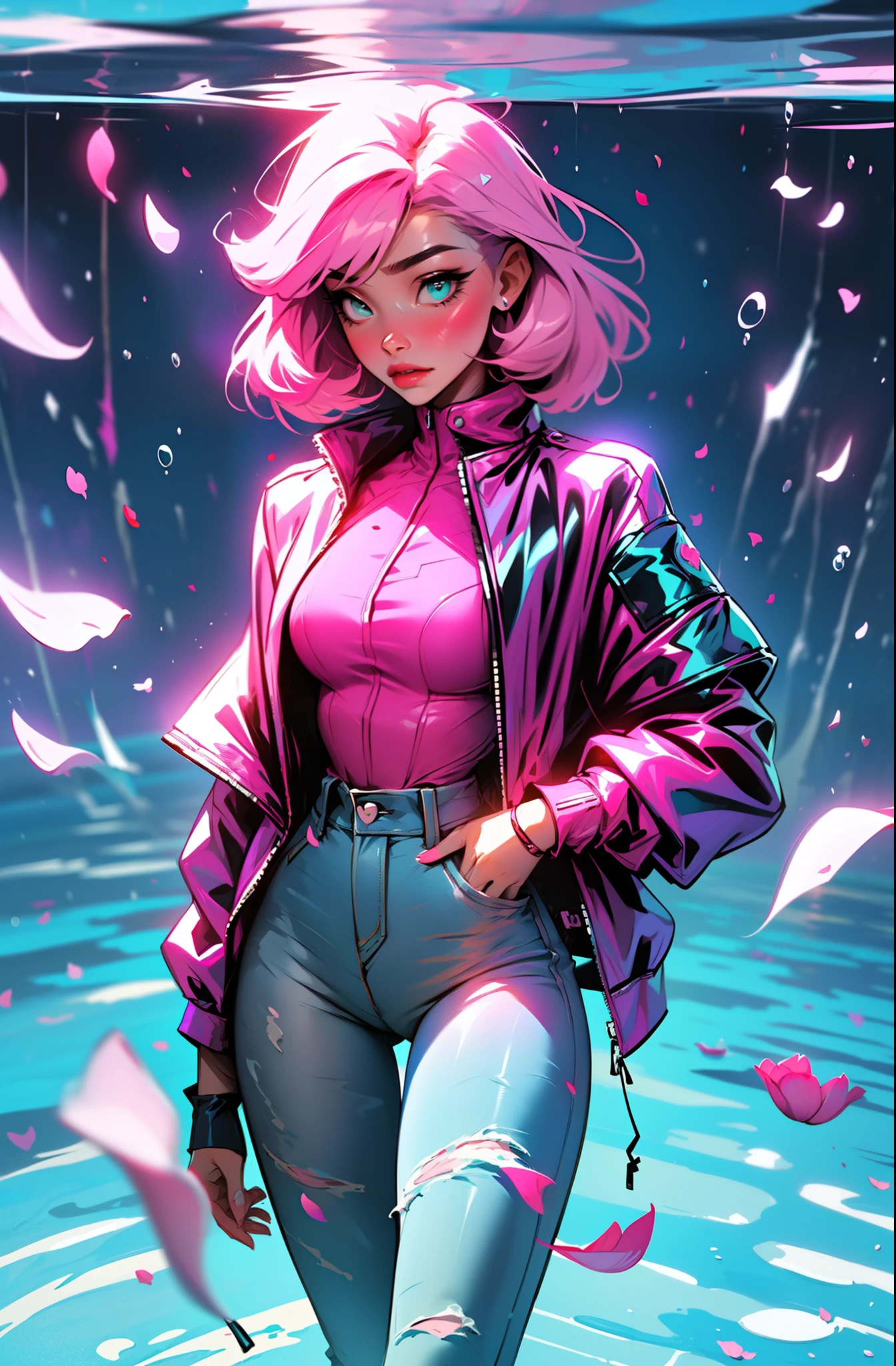 cyberpunk female woman wearing (Rose Quartz Pink Denim Jacket with chromatic accents:1.1), sleek full bodysuit, (Petal Blush,Lagoon Blue color background:1.3),