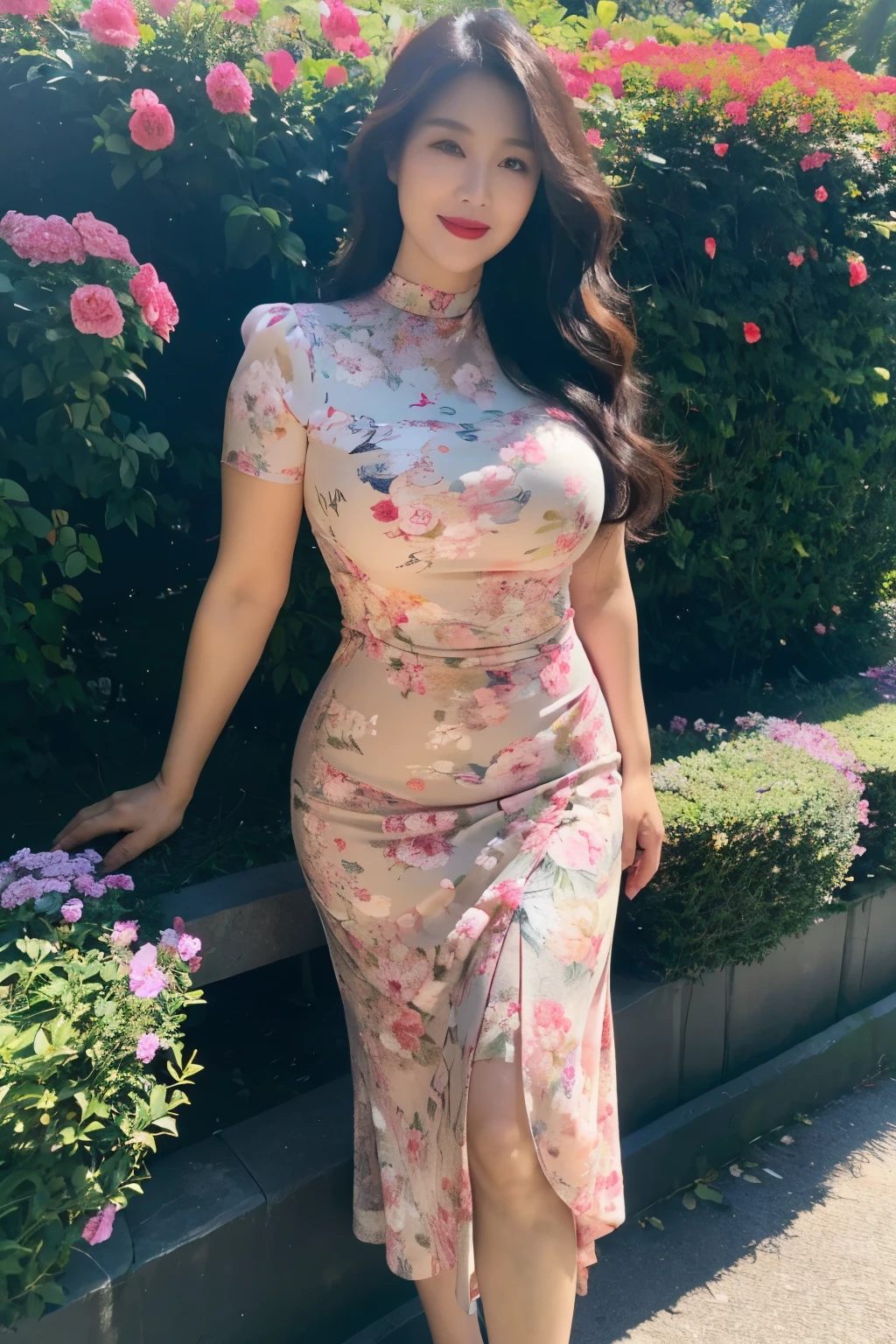 (top quality、8k、masterpiece:1.3))、45 year old Korean woman，sharp focus, High level of image quality, high resolution，,Wear a floral round neck dress，short sleeve，wavy long hair，Mature，charming smile，Draw lips correctly, red lipstick，garden background，stand，Chubby，Big breasts，full-body shot，beautiful woman，Leg length，