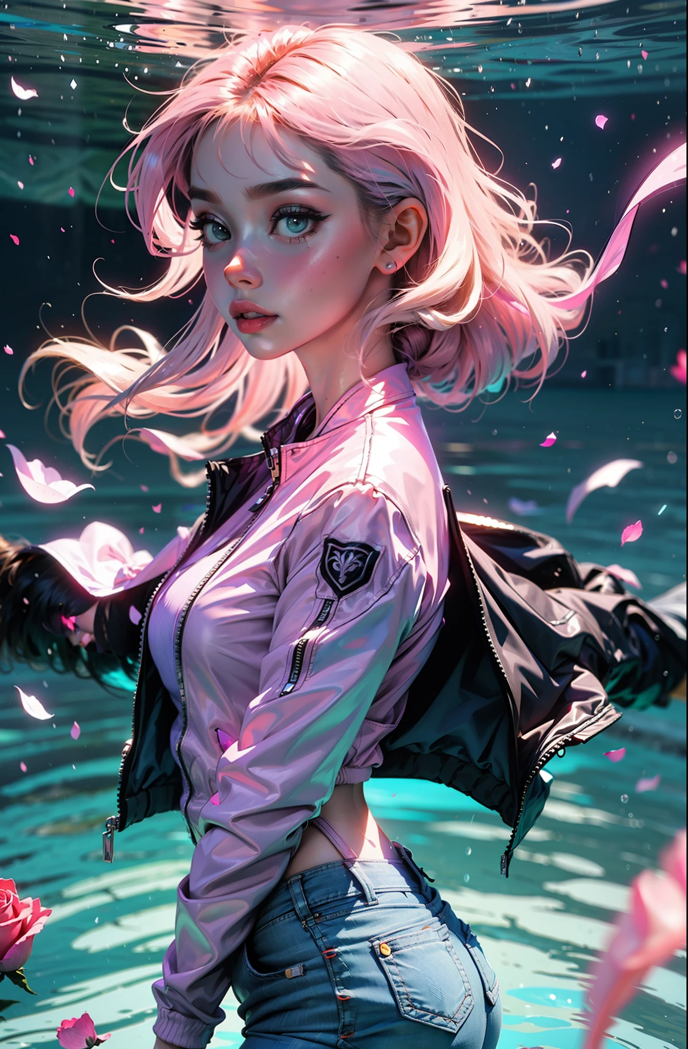 cyberpunk female woman wearing (Rose Quartz Pink Denim Jacket with chromatic accents:1.1), sleek full bodysuit, (Petal Blush,Lagoon Blue color background:1.3),