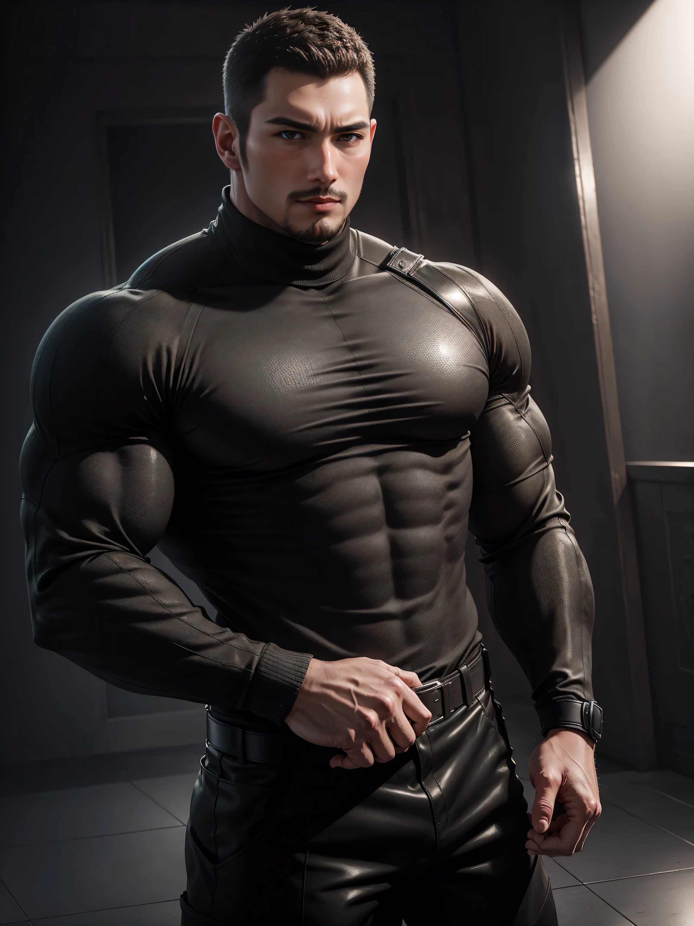 Tall giant muscular police officer,Brown-gray turtleneck long-sleeved sweater,honeycomb pattern,Lightweight texture,character concept(Resident Evil - chris redfield,chris redfield)senior police officer,small grid texture,regular symmetrical texture pattern,sad expression,Deep and charming eyes,Emerald Eyes Hero,heroic male pose,高大burly,muscular!High, burly, Heqiang, Super gain and cool, high resolution committee,Charming strong man,The bright sunshine is shining on you