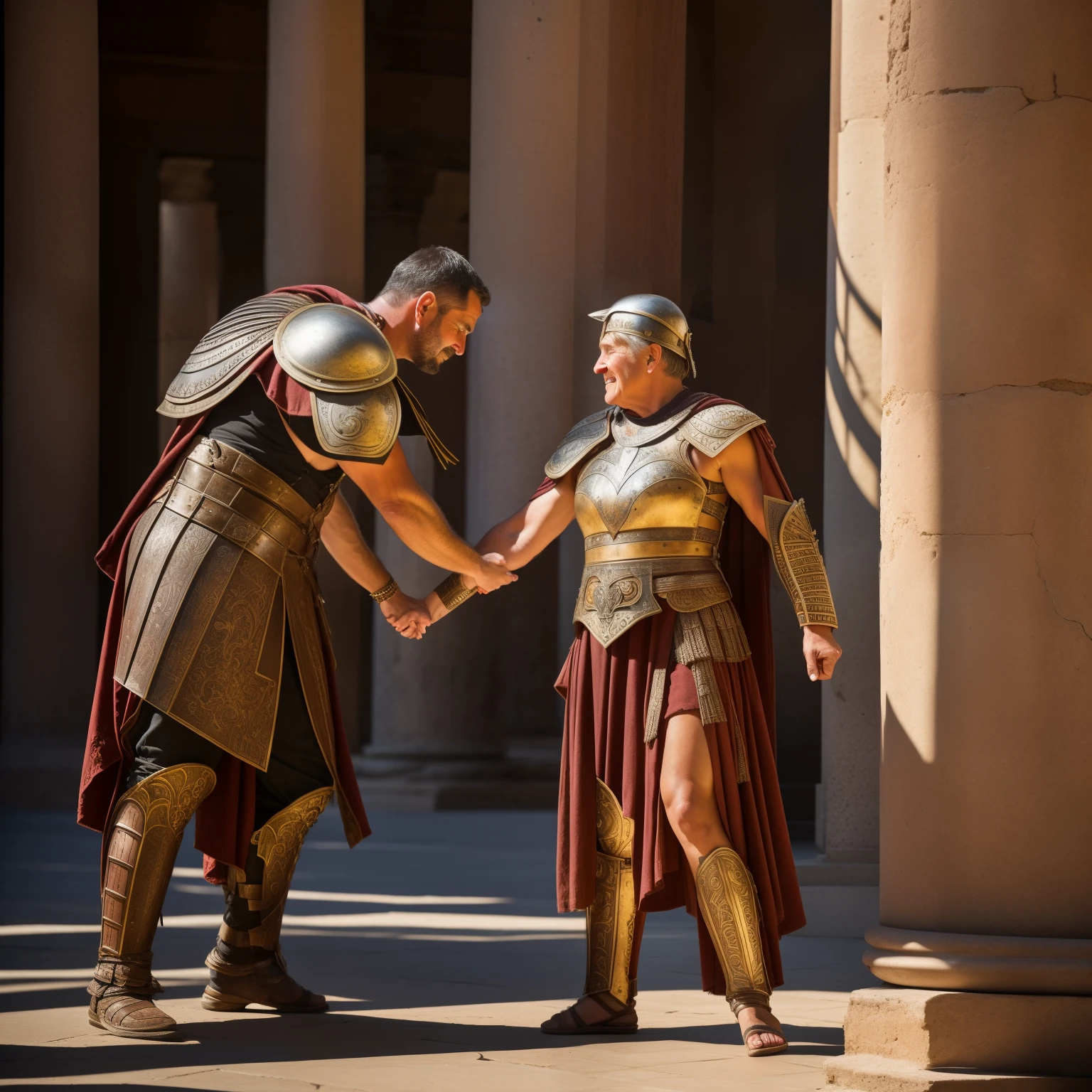 A Roman gladiator, decorated in armor and muscled physique, extends a hand to an elderly woman who has stumbled and fallen on the Forum floor. His expression is gentle and compassionate, his strong fingers gently grasping her elbow to help her rise. The sunlight filters through the ancient columns, casting long, dramatic shadows that highlight the intricate details of the gladiator's armor. The scene is captured in stunning, high-definition detail, the rich textures and vibrant colors bringing the atmosphere of ancient Rome to life. The woman's wrinkled face, filled with gratitude, is a poignant reminder of the kindness and grace that could be found even amidst the chaos and brutality of the glad