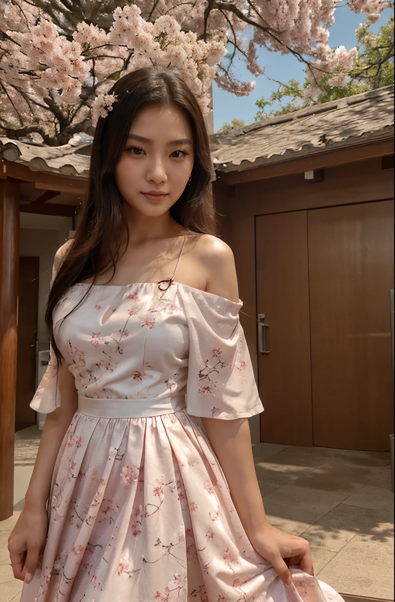 a close up of a woman in a pink dress standing in front of a tree, wearing pink floral gown, wearing an elegant dress, cherry blossom, flowing sakura silk, stunning elegant, beautiful and elegant,pretty smile, asian woman, beautiful asian woman, japanese goddess, photorealistic perfect body, asian hyperdetailed, seductive. highly detailed, gorgeous chinese model, beautiful asian woman, asian, asian woman, chinese girl, with dark complexion, korean girl, wearing a magnificent dress, wearing a long flowery dress, beautiful dress, jaw-dropping beauty