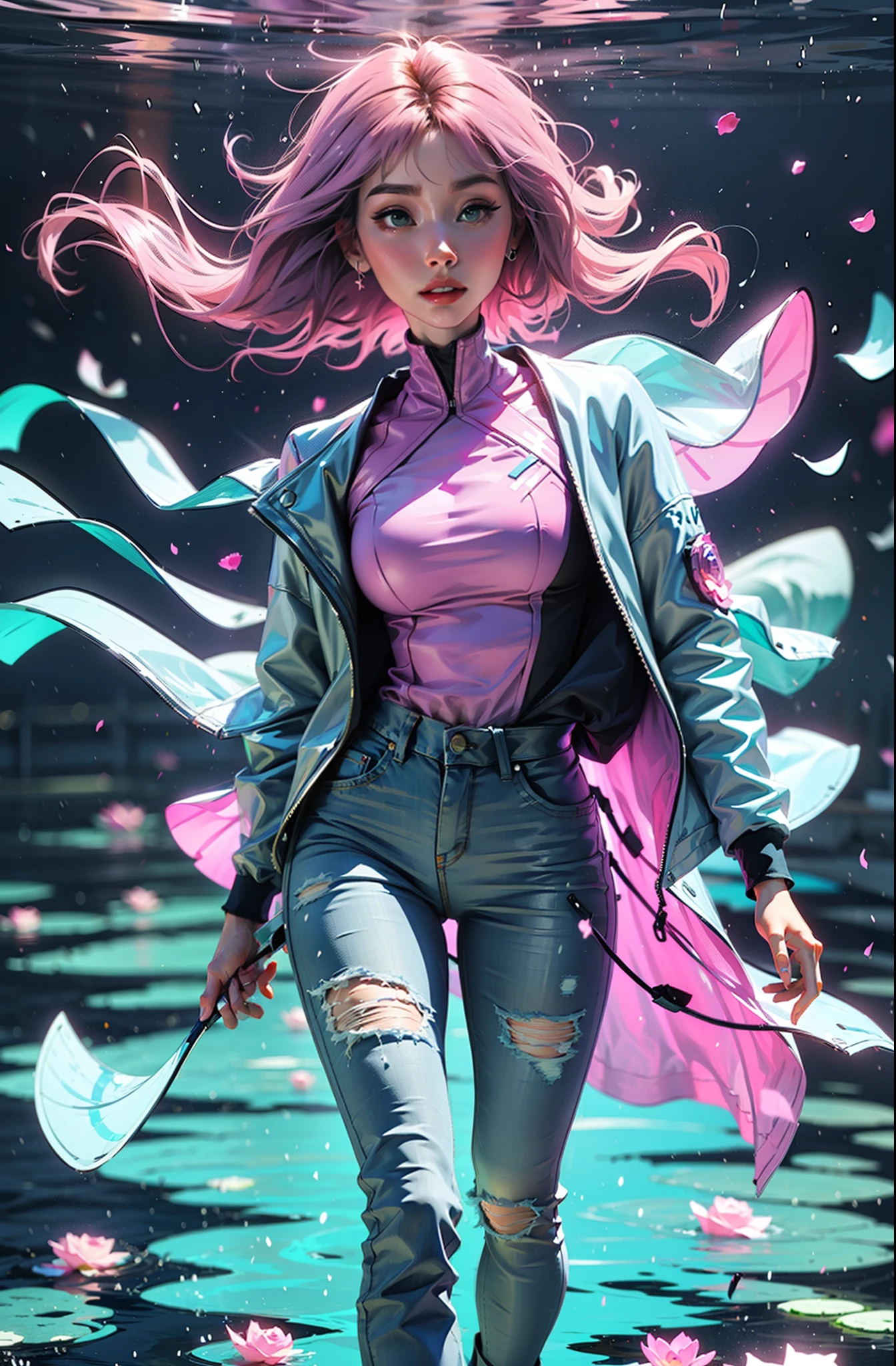 cyberpunk female woman wearing (Rose Quartz Pink Denim Jacket with chromatic accents:1.1), sleek full bodysuit, (Petal Blush,Lagoon Blue color background:1.3),