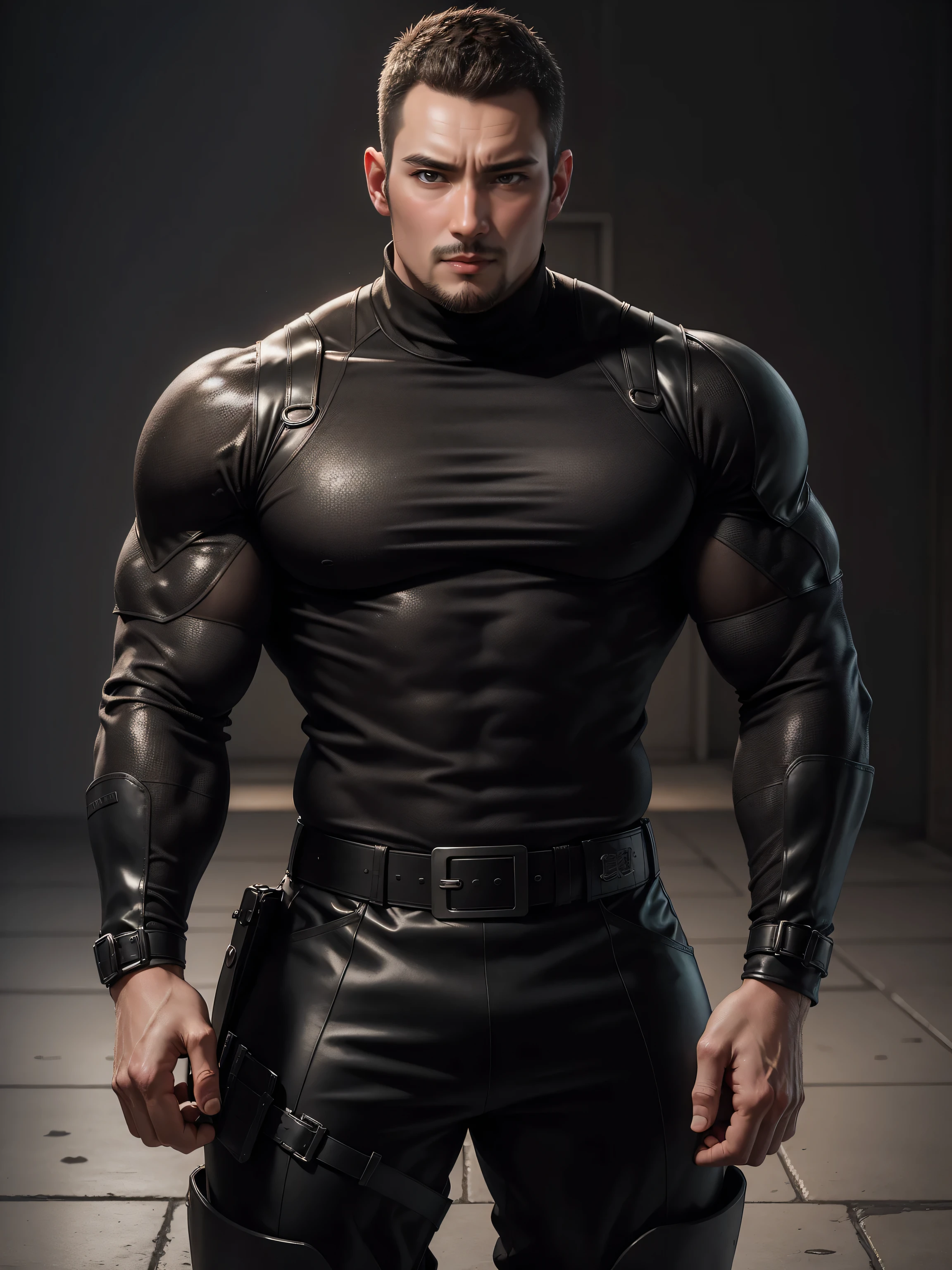 Tall giant muscular police officer,Brown-gray turtleneck long-sleeved sweater,honeycomb pattern,Lightweight texture,character concept(Resident Evil - chris redfield,chris redfield)senior police officer,small grid texture,regular symmetrical texture pattern,sad expression,Deep and charming eyes,Emerald Eyes Hero,heroic male pose,高大burly,muscular!High, burly, Heqiang, Super gain and cool, high resolution committee,Charming strong man,The bright sunshine is shining on you
