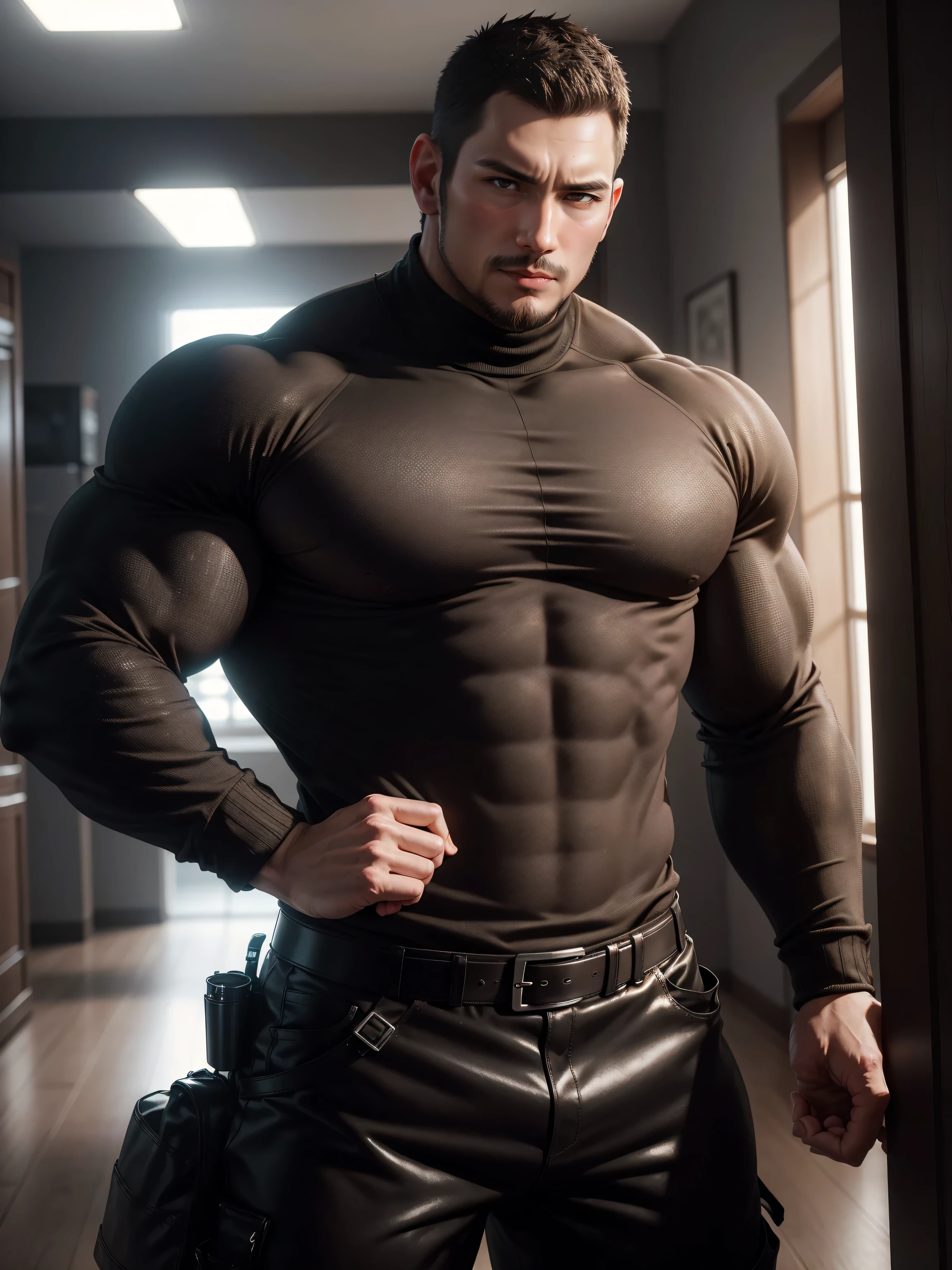 Tall giant muscular 肌肉男,Brown-gray turtleneck long-sleeved sweater,stretch sweater texture,character concept(Resident Evil - chris redfield,chris redfield)sad expression,Deep and charming eyes,heroic male pose,高大burly,muscular!High, burly, Heqiang, Super gain and cool, high resolution committee,Charming strong man,The bright sunshine is shining on you