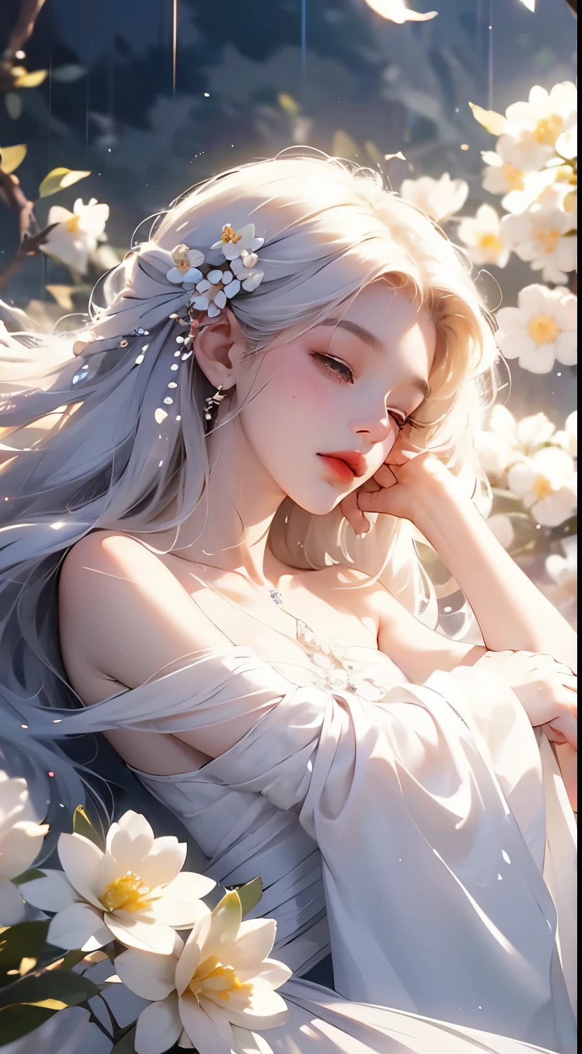 1 girl, Full body image, flaxen hair, flowing hair, hazy beauty, Extremely beautiful facial features, White embroidered dress, hairpins on head, lying among flowers, Hand dragging chin, perfect hands, camellia, (spring, rainy day, Butterfly, cliff), simple vector art, Chinese contemporary art, soft light, tangled scarf, look down