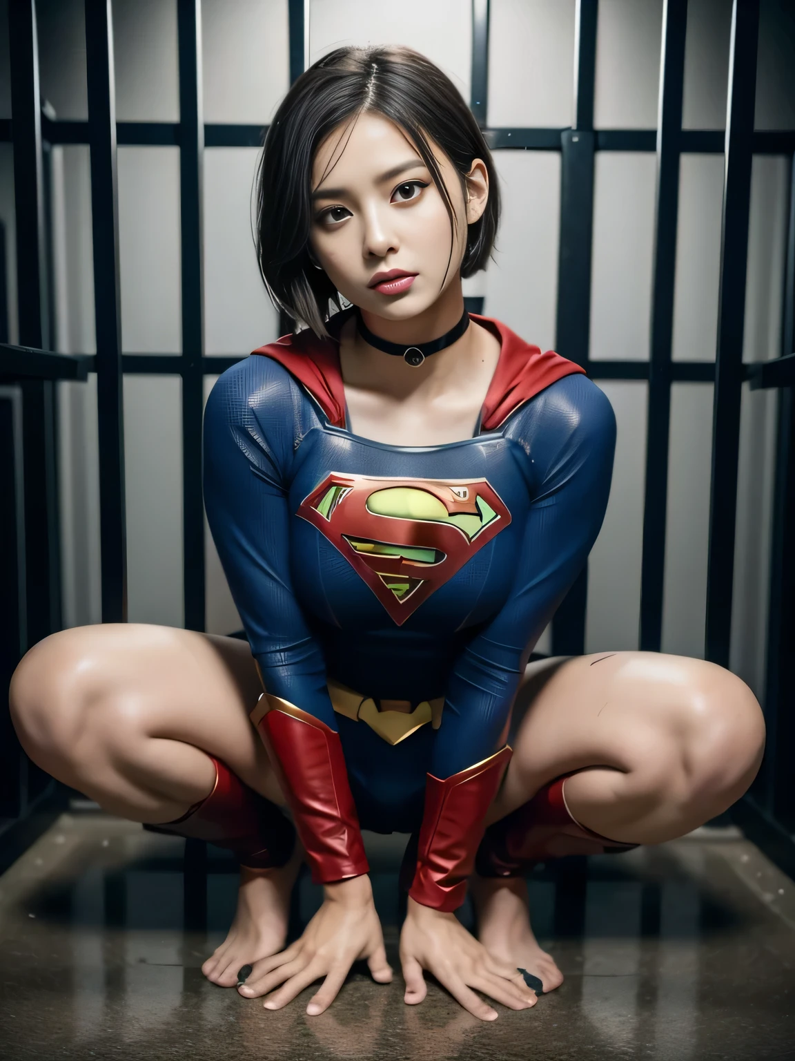 masterpiece、supergirl costume、short hair、barefoot、big and full breasts、Crisis situation、prison、in a cage、palpation、mud drops、spread your legs、handcuffs、shiny、looking at camera、Seduce、choker、long sleeve、red sexy pose、POW camps、humiliating