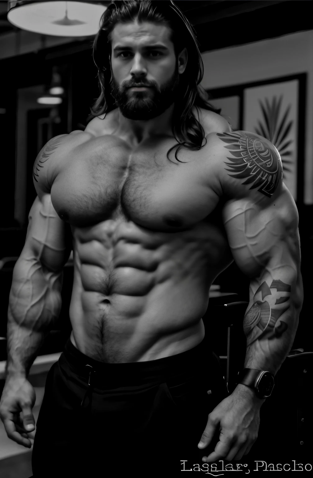 a man with a beard and a long beard is posing for a photo, trincado, strong masculine traits, masculino e forte, forte e imponente, chiseled muscles, exaggerated muscle physique, muscle, corpos musculosos, corpo musculoso, muscle building, physicist de fisiculturista, Macho musculoso, grande, largo, forte, physicist |, large muscles, lean and muscular