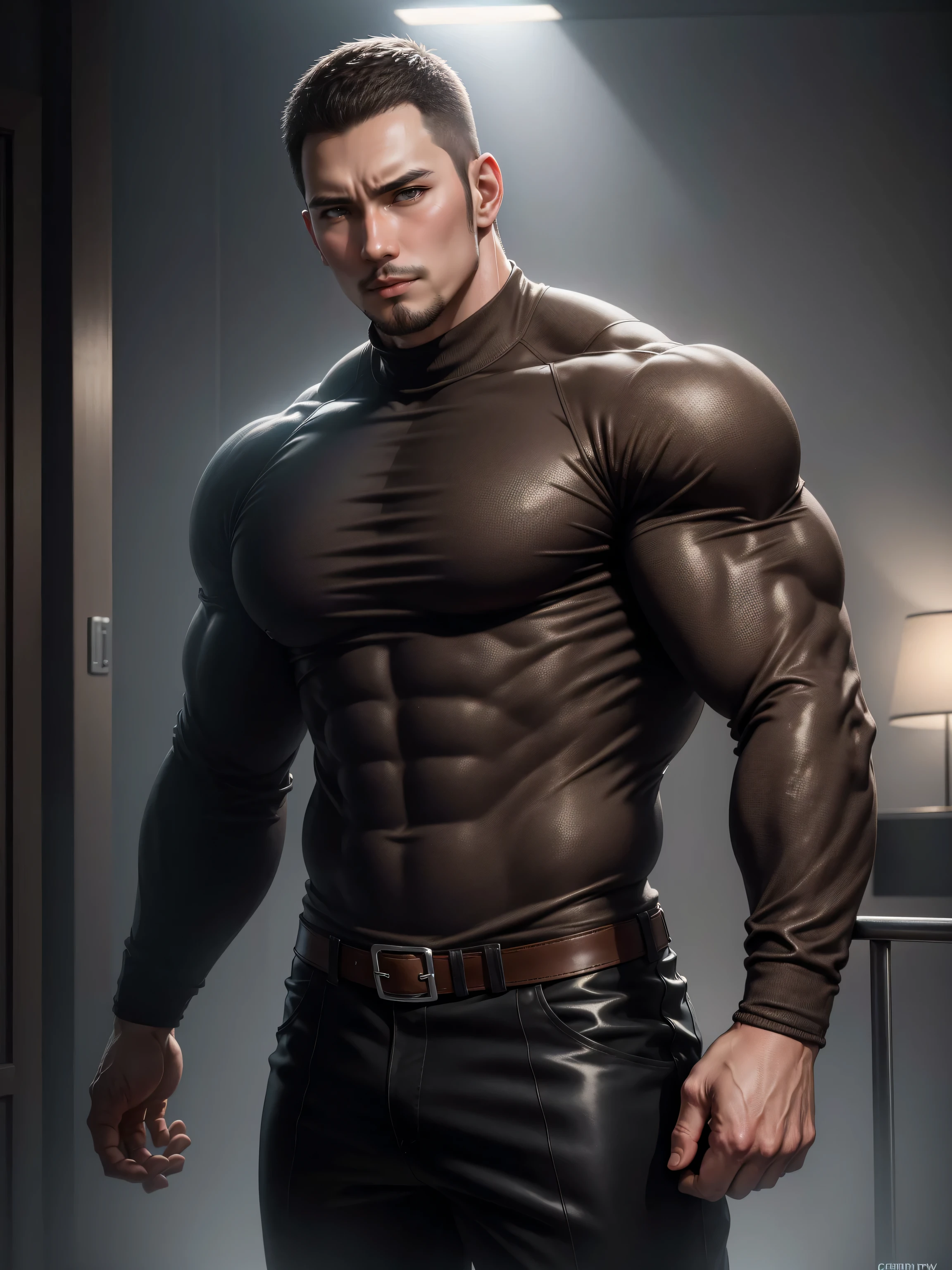 Tall giant muscular 肌肉男，Brown-gray turtleneck long-sleeved sweater，stretch sweater texture，character concept（Resident Evil - chris redfield，chris redfield）sad expression，Deep and charming eyes，heroic male pose，高大burly，muscular！High, burly, Heqiang，  Super gain and cool， high resolution committee，Charming strong man，The bright sunshine is shining on you