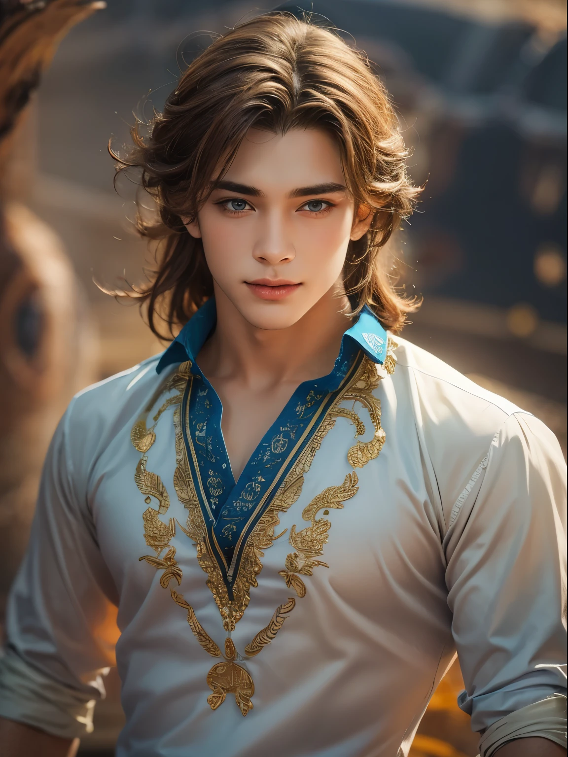 Portrait of the highest quality - 1 boy., 17 years, teenage, light brown long hair, with golden strands, azure blue big eyes, lake, Solo-focal facial treatment for teenagers, white shirt unbuttoned, exposing large convex breasts and huge and long nipples on the chest ! Beautiful, smiling, Realistic, The dynamic pose is realistic.., detailed and correct facial structure, Beautiful, extremely detailed, Dynamic angle, cowboy shot, The Most Beautiful Shape, elegant, Bright colors, romanticism, atmospheric. Bright, contrasting colors ! photo portrait of a handsome boy in the highest quality !