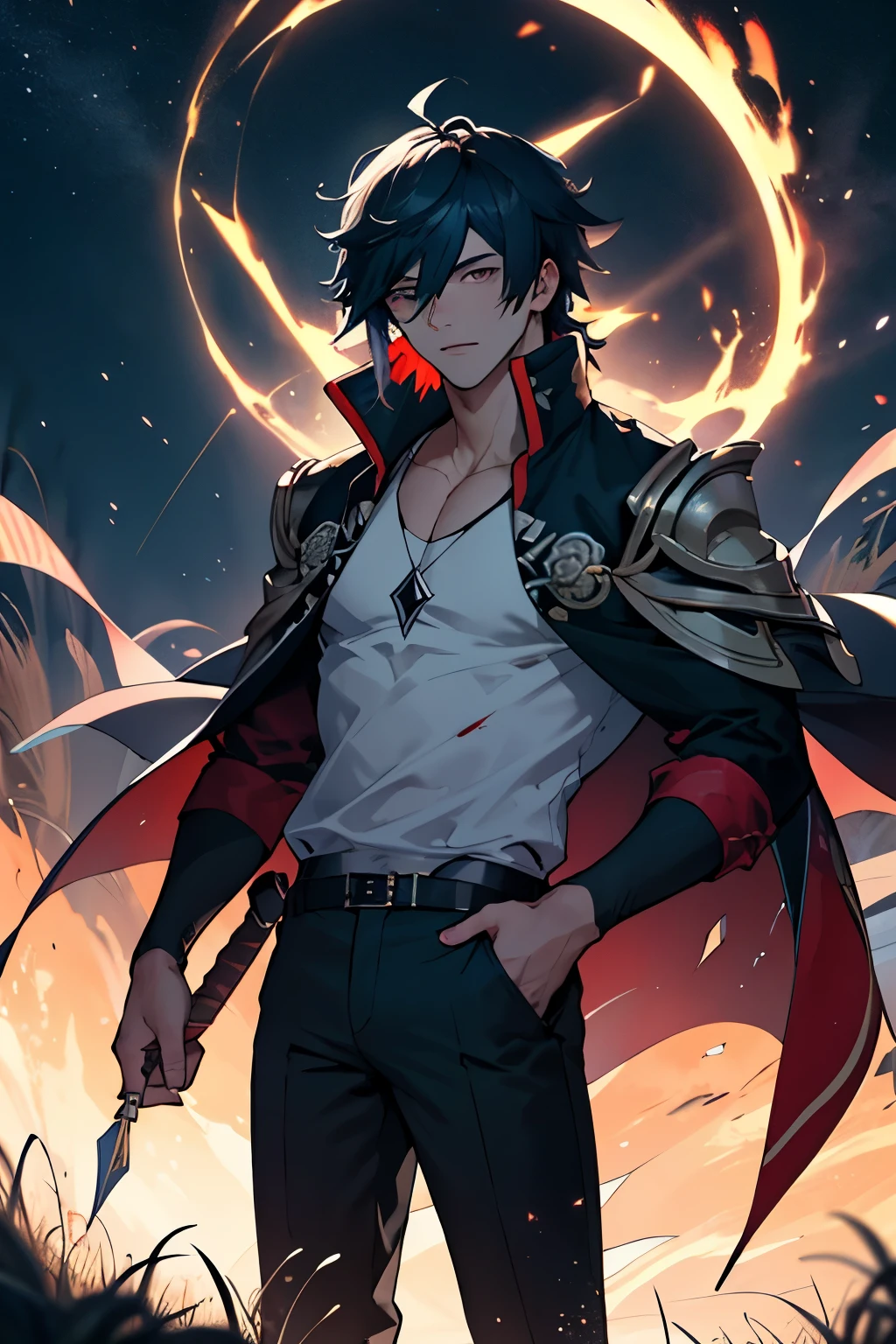 1male, Zeref (masterpiece), dragon near. full body, dynamic pose, best quality, adult, expressive eyes, magician, necromancer, darkness, destruction all around, evil smile, dragon nearby, black cloak, full body, full black dressed