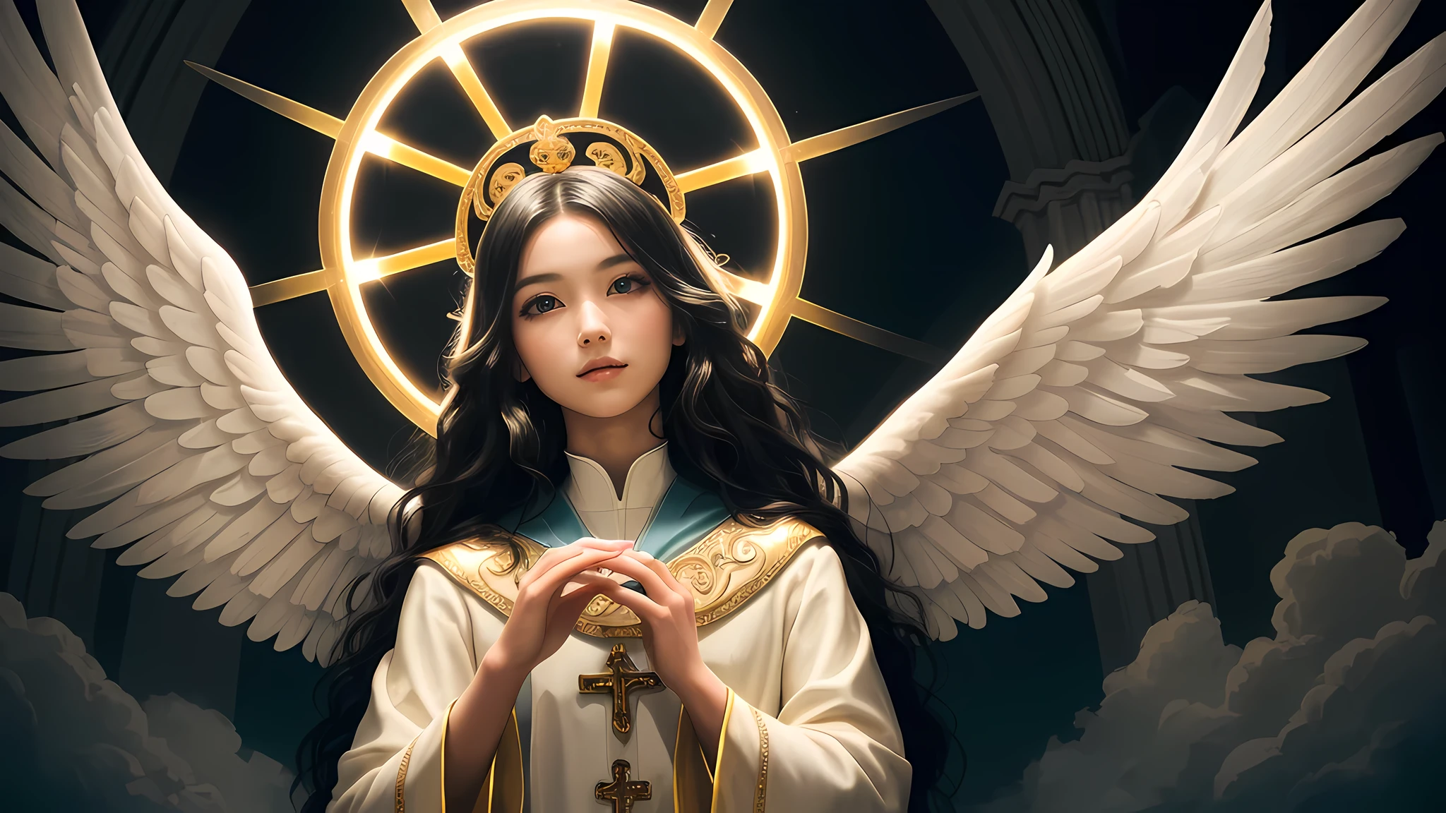 the light of god is in the sky,holy angels came down from heaven,large white wings guard the angel,compassionate and holy,<lora:add_detail:1>,<lora:MengX girl_Mix_V40:0.8>,