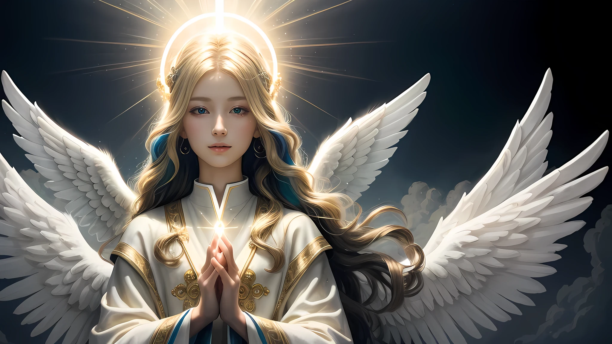 (highest quality,High resolution),Angelic lighting,colorful,beautiful details,hair(yellow, lively, flowing),eye(beautiful, colorful),saint surrounded by angels,A ray of light shines on the saint,holy,peaceful,divine halo