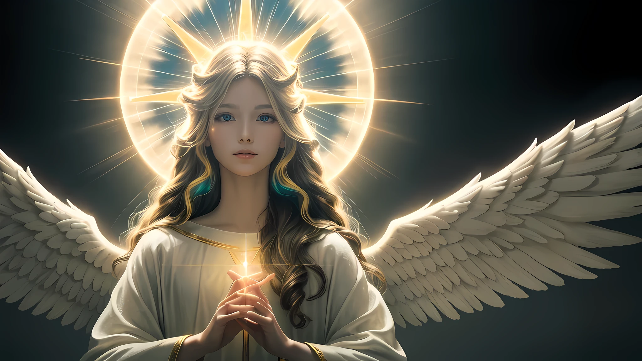 (highest quality,High resolution),Angelic lighting,colorful,beautiful details,hair(yellow, lively, flowing),eye(beautiful, colorful),saint surrounded by angels,A ray of light shines on the saint,holy,peaceful,divine halo