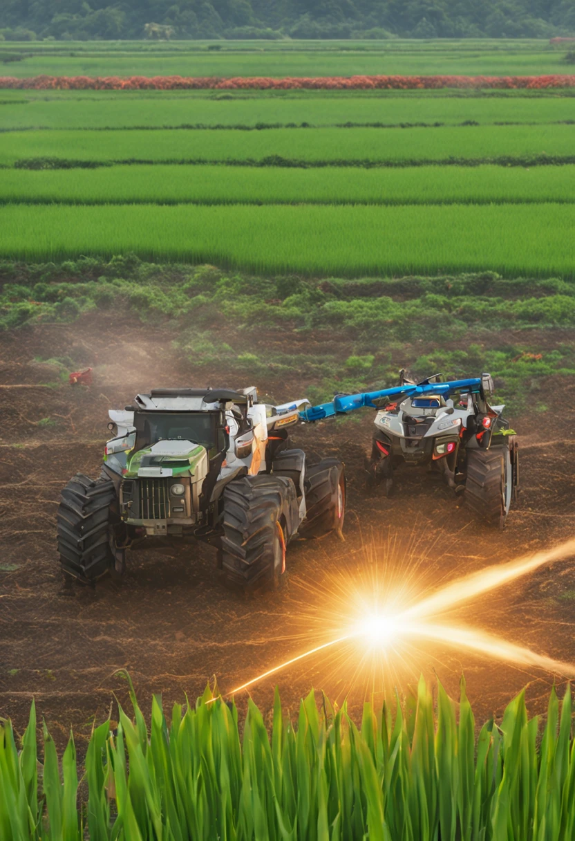 Transformers have an epic laser battle as terrified farmers flee from their Rice Paddy