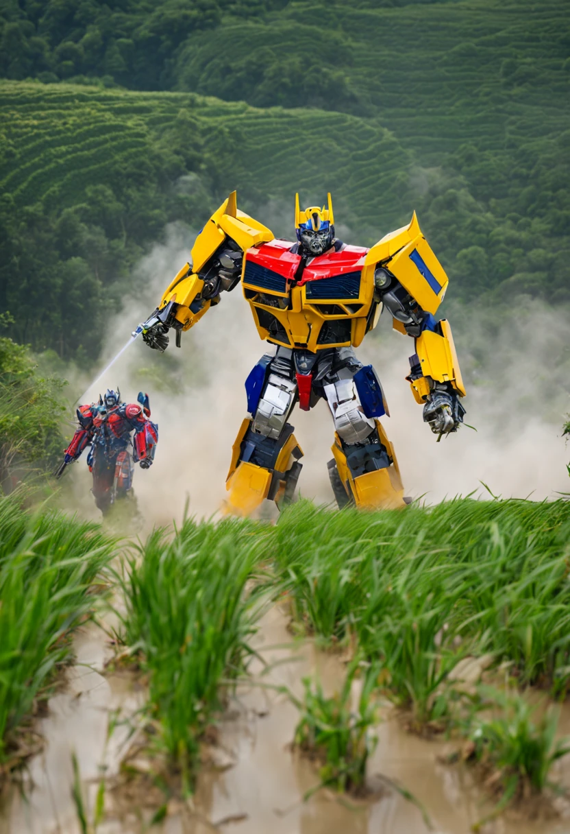 Transformers have an epic laser battle as terrified farmers flee from their Rice Paddy