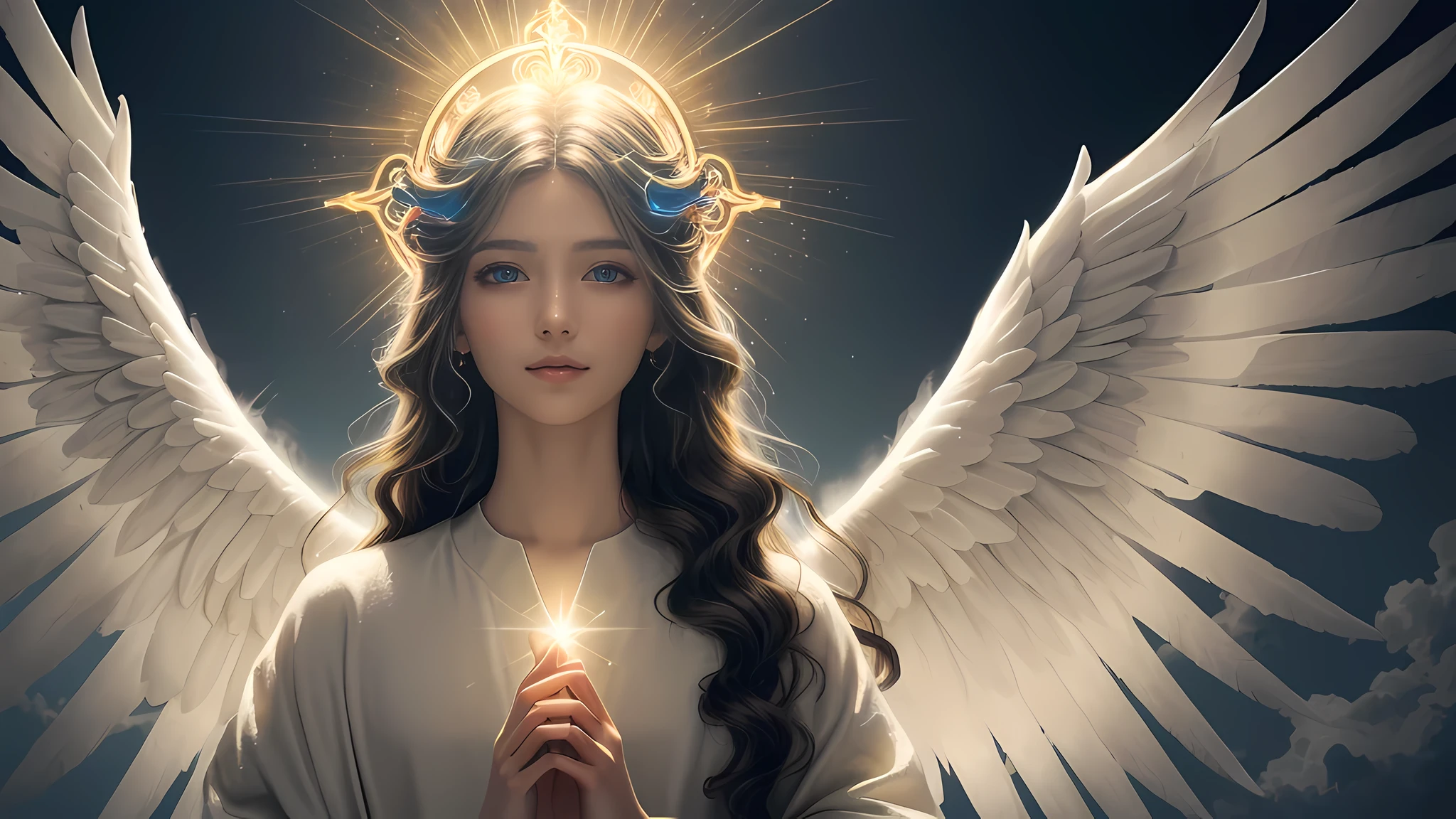 (highest quality,High resolution),Angelic lighting,colorful,beautiful details,hair（yellow, lively, flowing）,eye(beautiful, colorful),saint surrounded by angels,A ray of light shines on the saint,holy,peaceful,divine halo