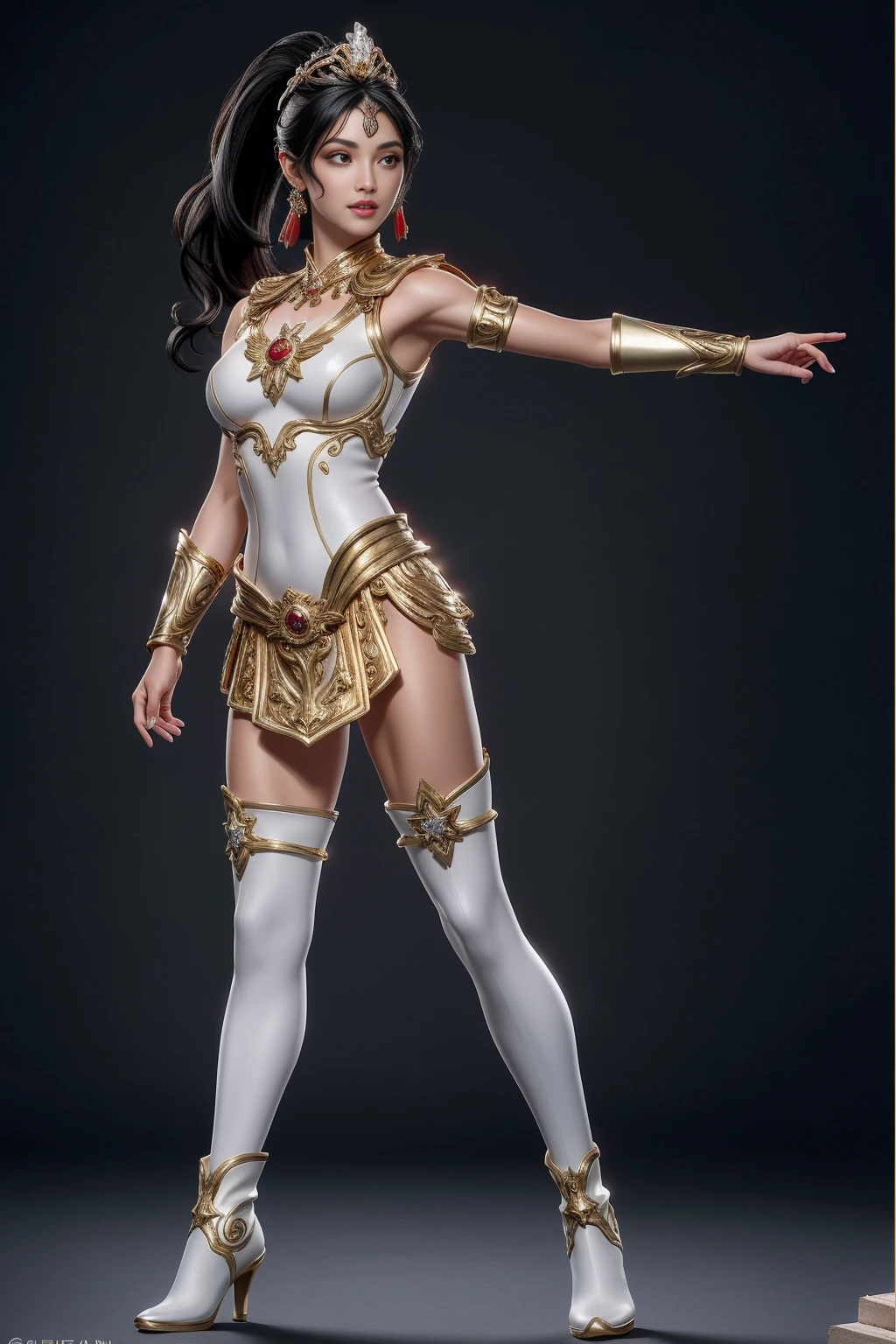 ((Full body photo,standing, feet on the ground)), (Masterpiece, 4k resolution, ultra-realistic, very detailed) sexy beautiful female superheroine ,, (jet black hair) ponytail, ( white Ancient roman outfit) red , with a golden Star, wears (a golden tiara with a red gem on forehead) , golden bracelets, long red boots, and small red shorts full body in the style of realism, glistening skin, , natural lighting, Defined full lips. fitness feminine body. in the style of realism, glistening skin, , natural lighting, Defined full lips. Muscular fitness feminine body