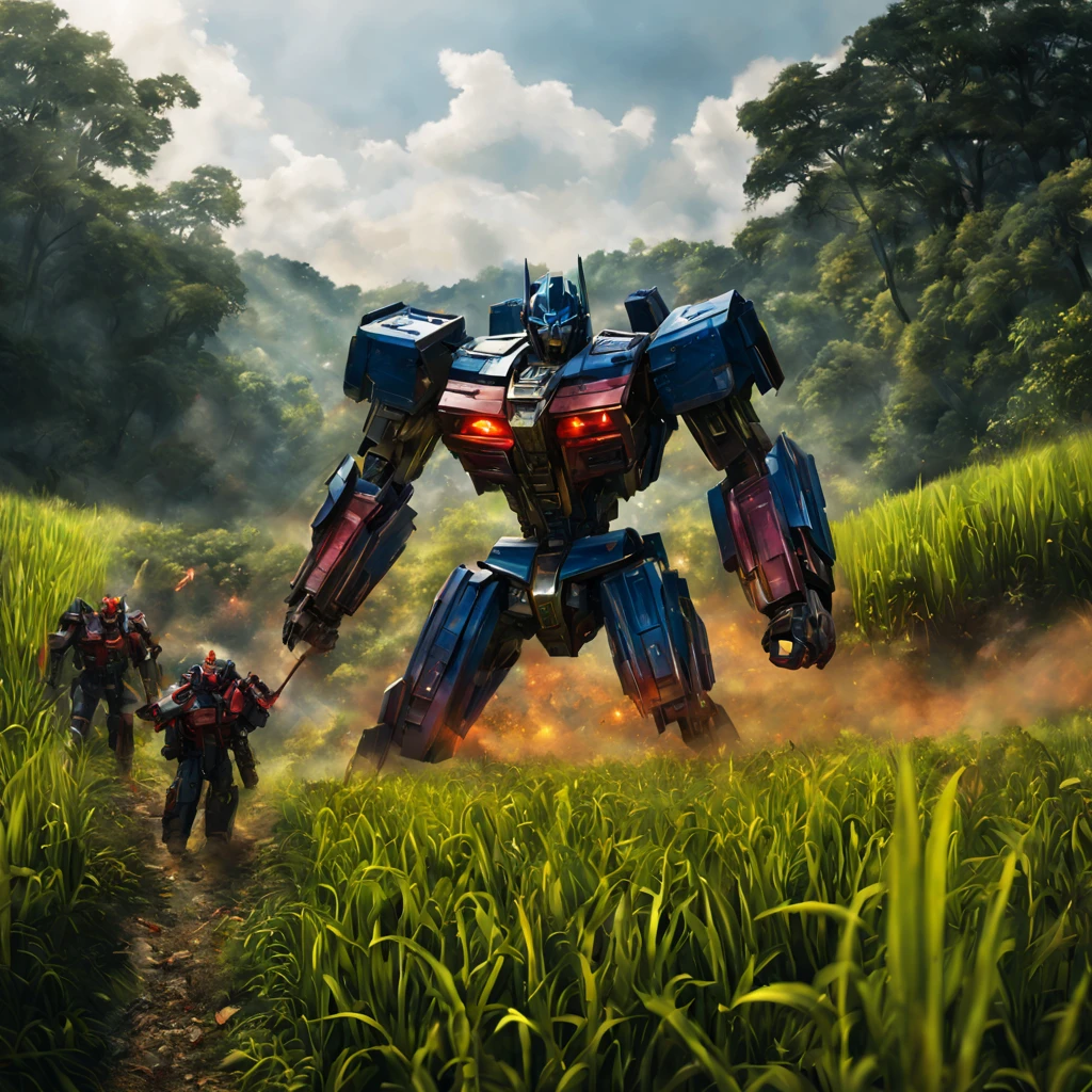 (best quality,4k,highres,masterpiece:1.2),ultra-detailed,(realistic:1.37),(HDR:1.1),(physically-based rendering:1.1),vivid colors,studio lighting,bokeh,landscape,concept artists,sci-fi,war,action-packed
In this epic and action-packed scene, transformers engage in a thrilling laser battle amidst a lush landscape. The painting depicts a breathtaking view of terrified farmers fleeing from their rice paddy as the majestic transformers clash in the background. The focus lies on the intense laser battle, with vibrant and vivid colors creating a visually stunning experience.
The transformers, towering mechanical beings, are shown in intricate detail, exuding power and strength. The high-quality rendering captures every component of their metallic bodies, from their gleaming armor to the intricate circuitry. The sparks flying from their laser guns illuminate the surroundings, adding a sense of motion and energy to the scene.
The terrified farmers are portrayed in a realistic manner, with their expressions conveying fear and urgency. Their clothing and facial features are meticulously described, emphasizing their emotions and adding depth to the composition. The rice paddy, rich in vibrant colors, creates a picturesque backdrop, enhancing the overall atmosphere of the piece.
The painting adopts a concept artist style, combining elements of science fiction and landscape to create a visually captivating image. The use of studio lighting accentuates the transformers' metallic surfaces, casting dramatic shadows and highlights. The composition is masterfully composed, with the transformers and the fleeing farmers strategically positioned to create a dynamic sense of movement and tension.
The color palette chosen for this artwork emphasizes the sci-fi nature of the scene, with bright and bold colors dominating the image. The use of bokeh effect adds depth and dimension to the painting, creating a sense of immersion for the viewer. The HDR technique enhances the overall contrast and detail, ensuring an immersive and realistic viewing experience.
In terms of artistic execution, this painting is a true masterpiece. The ultra-detailed depiction of the transformers and the surrounding landscape showcases the artist's skill and attention to detail. Every aspect of the composition, from the lighting to the colors, contributes to the overall impact of the artwork.
Overall, this prompt sets the stage for an epic and visually stunning artwork, combining elements of sci-fi, landscape, and action. The high-quality rendering, attention to detail, and the use of vivid colors create a captivating image that transports the viewer into a world of transformers and their intense laser battle amidst terrified farmers fleeing from their rice paddy.