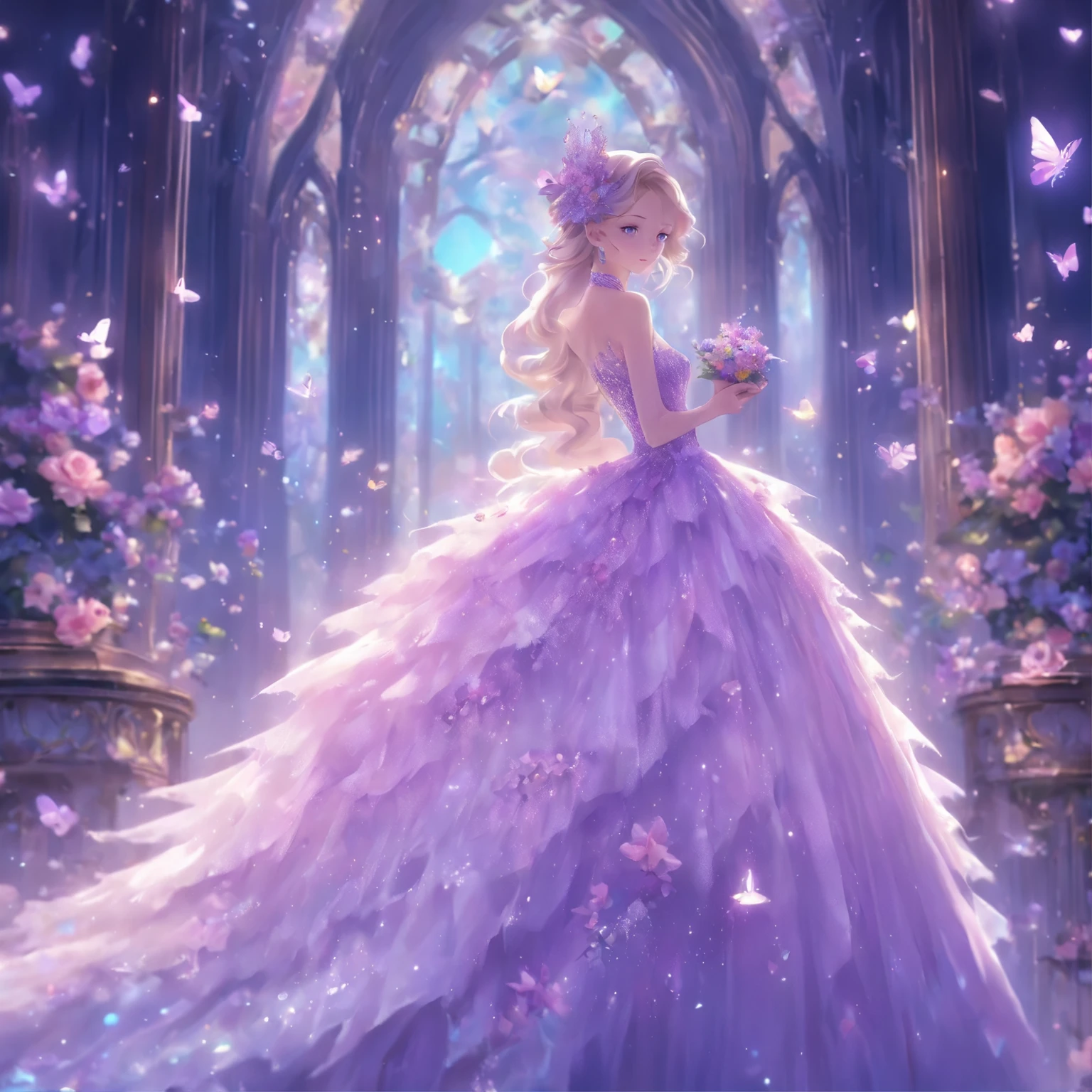 The new purple crystal wedding dress is filled with layered tulle, European style white patterned marble background wall, Fairytale palace style, and oversized skirts. Der Ausschnitt und die Manschetten sind mit durchbrochenen Spitzenelementen und Schmuck verziert, And the skirt is covered with luxurious flowers and butterflies. Fantasie, surreal, hard disk, super detailliert, Realistisch, Hohe Pixel, Oktanwiedergabe, filmische Beleuchtung