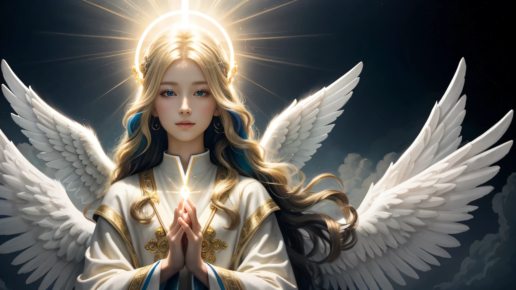 (highest quality,High resolution),Angelic lighting,colorful,beautiful details,hair(yellow, lively, flowing),eye(beautiful, colorful),saint surrounded by angels,A ray of light shines on the saint,holy,peaceful,divine halo
