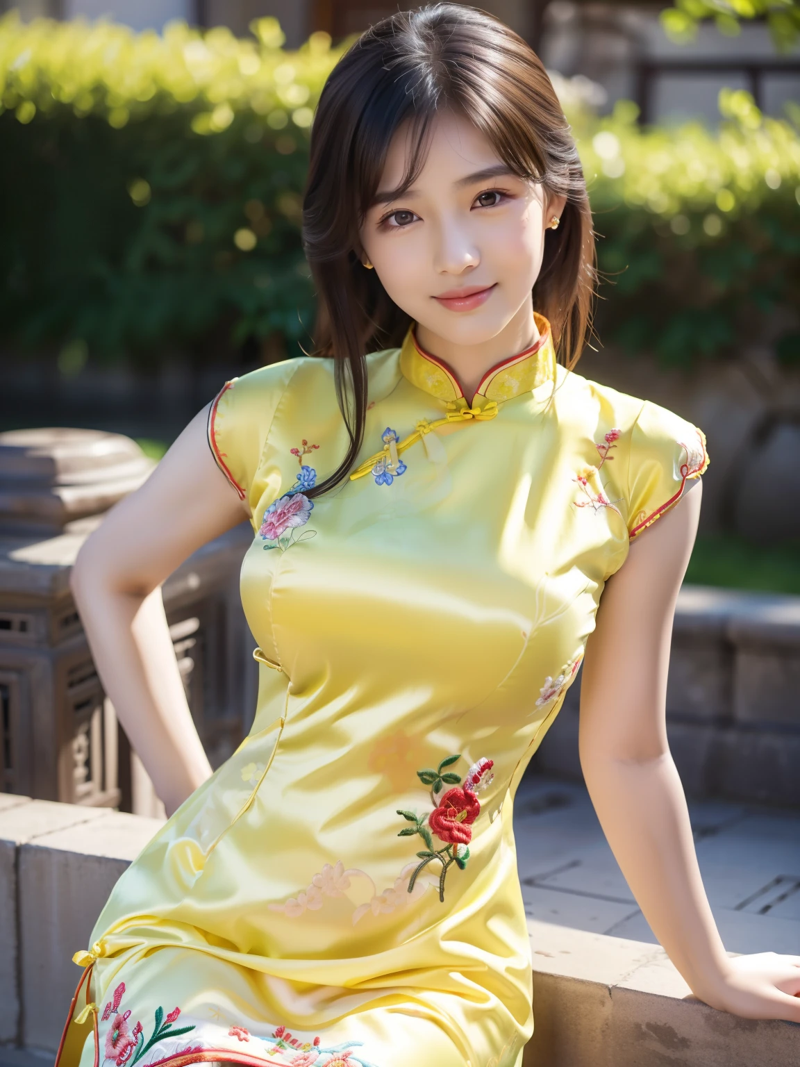 ulzzang -6500-v1.1, (Raw foto:1.2), (Photorealsitic:1.4), Delicate beautiful girl，The sparkling eyes have a very nice atmosphere.......................，13years, Attractive eyes and moist lips，cabelos preto e longos，（ssmile：1.3），Detailed depiction of the face，Formula details，Detailed depiction of facial features Star Masterpiece Fine Detail，Describe your role in detail，Detailed depiction of hair，Carefully drawn ，My body is bumpy，Detailed depiction of the hand，Clothes drawn in detail，Detailed depiction of the face，face perfect，Detailed depiction of the hand，4fingers and 1thumb：1.3），orthofacial，choker necklace，eardrop, Works of masters，Infinitely close to reality，（Full body photo：1.5），Highest image quality，best qualtiy，infinite details，8k resolution，(((Beautiful patterned embroidered cheongsam 1.3)))，((Yellow cheongsam dress)))，（Ancient courtyard scene：1.3）,A smile, Constriction of the lower back, sexy  pose,Bold poses, Beautiful legs visible through the slit of a long skirt, large full breasts, neatly bunched hair,
