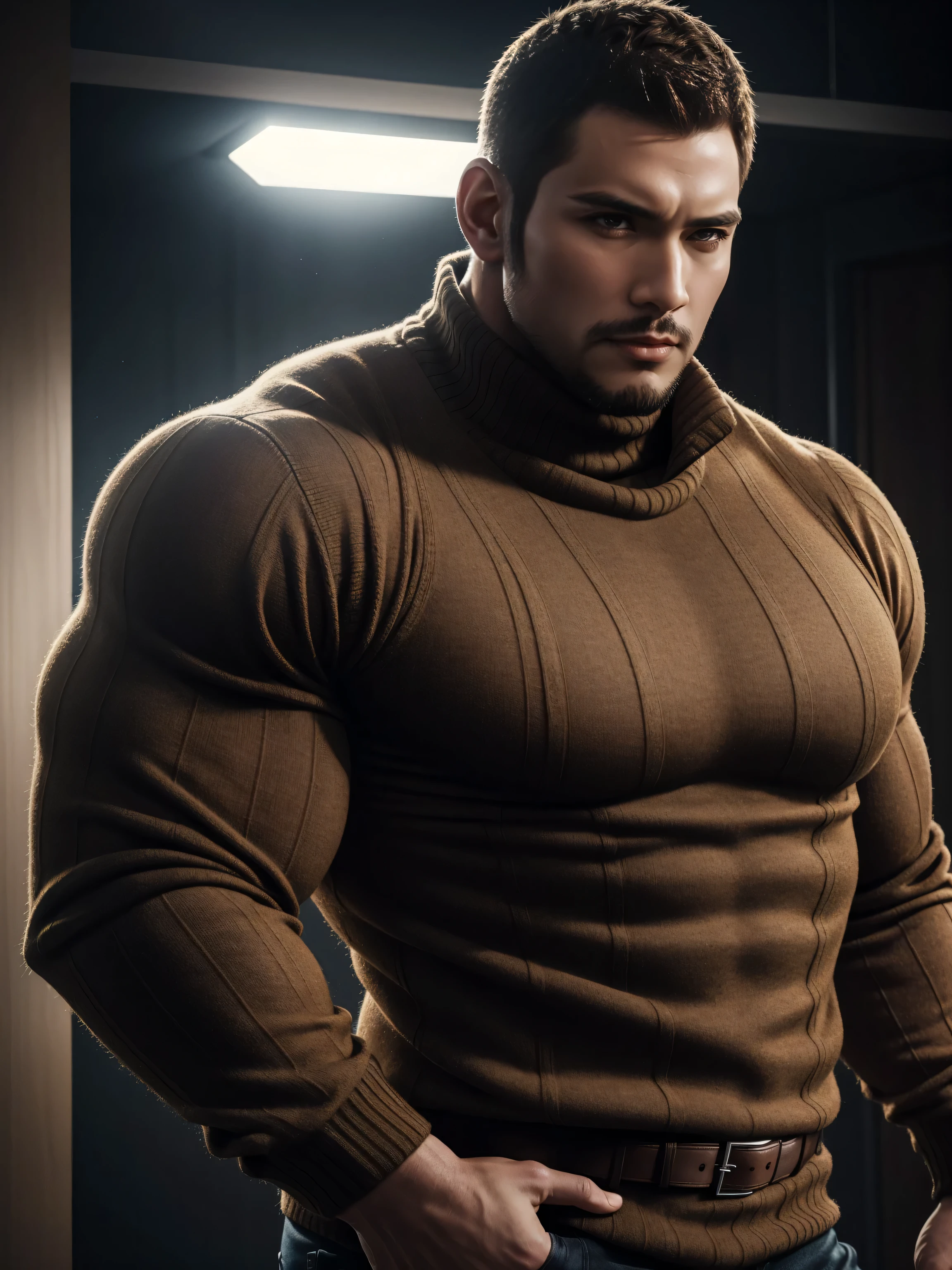 Tall giant muscular 肌肉男,Brown-gray turtleneck long-sleeved sweater,stretch sweater texture,character concept(Resident Evil - chris redfield,chris redfield)sad expression,Deep and charming eyes,heroic male pose,高大burly,muscular!High, burly, Heqiang, Super gain and cool, high resolution committee,Charming strong man,The bright sunshine is shining on you