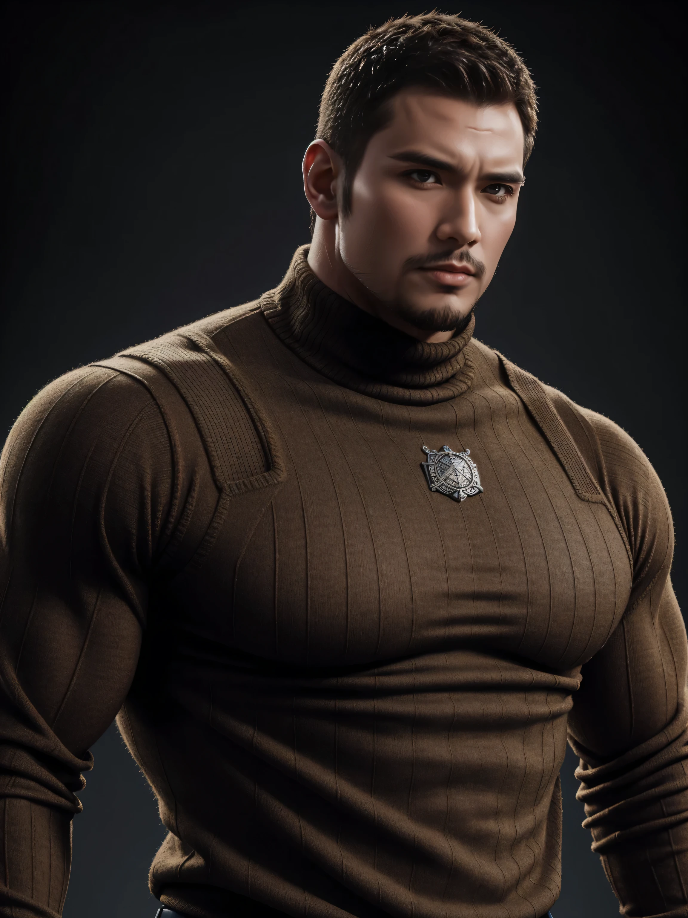 Tall giant muscular 肌肉男,Brown-gray turtleneck long-sleeved sweater,stretch sweater texture,character concept(Resident Evil - chris redfield,chris redfield)sad expression,Deep and charming eyes,heroic male pose,高大burly,muscular!High, burly, Heqiang, Super gain and cool, high resolution committee,Charming strong man,The bright sunshine is shining on you