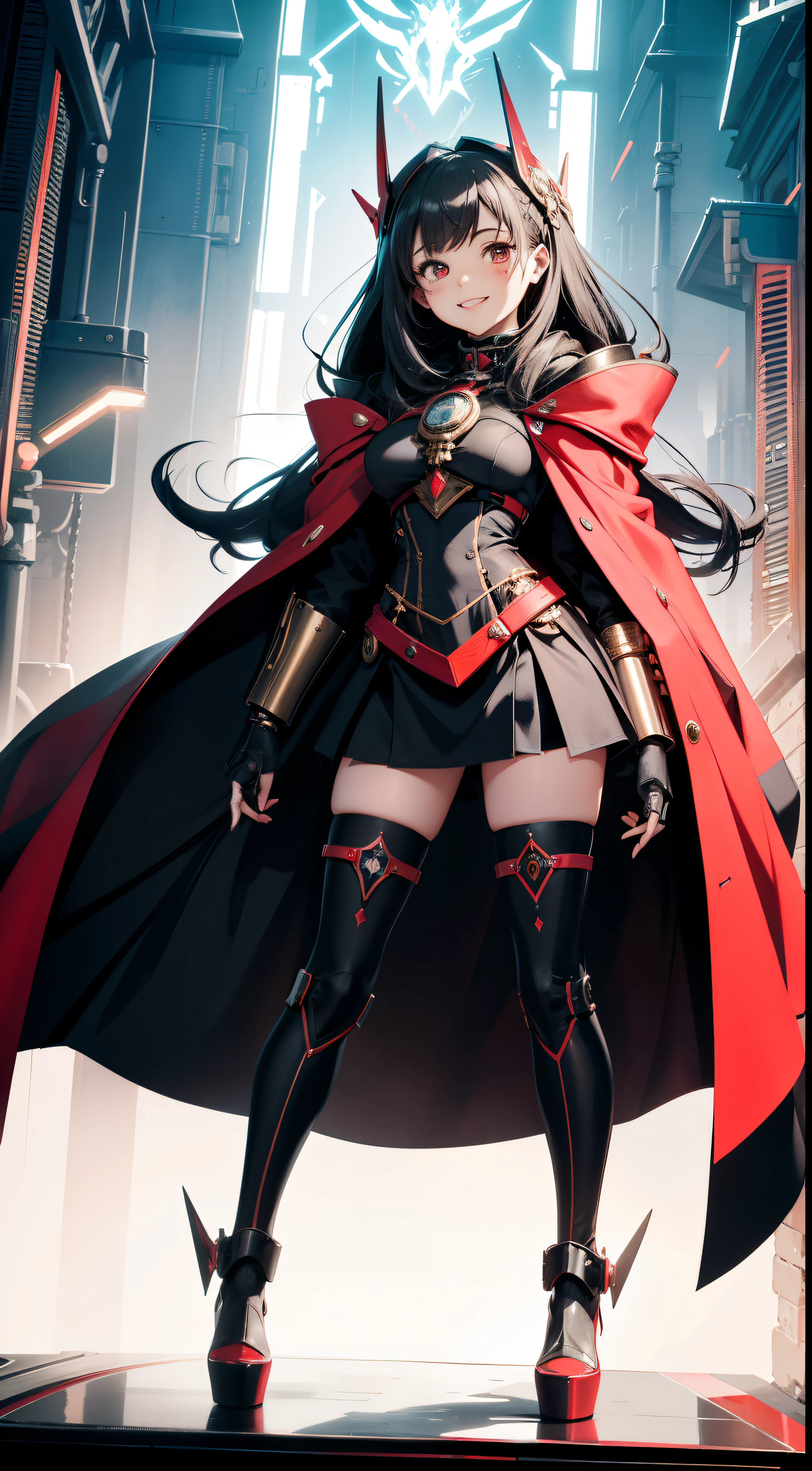 The picture showcases a (chibi) Adeptus Mechanicus girl with a big head and a cute, yet mischievous, expression hidden under her mask. The mask, adorned with monitors and LEDs, adds an air of mystery and intrigue to her appearance. Her graceful mechanical limbs, shimmering with precision and elegance, highlight her unique strengths in the realm of technology. She wears a red cloak, billowing gently in the breeze, adding a pop of color to her otherwise monochromatic attire. As she laughs, her infectious joy spills over, making her an endearing and unforgettable presence. ((Full body)) ((Full length
