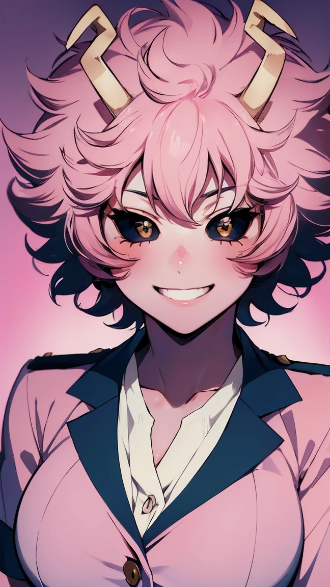 (best quality:1.3), (4k quality), 1 mature woman, Mina Ashido by boku no hero, school uniform, ((Detailed face)), (blush), whole body, large smile