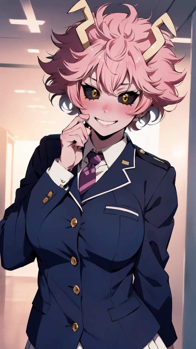 (best quality:1.3), (4k quality), 1 mature woman, Mina Ashido by boku no hero, school uniform, ((Detailed face)), (blush), whole body, large smile