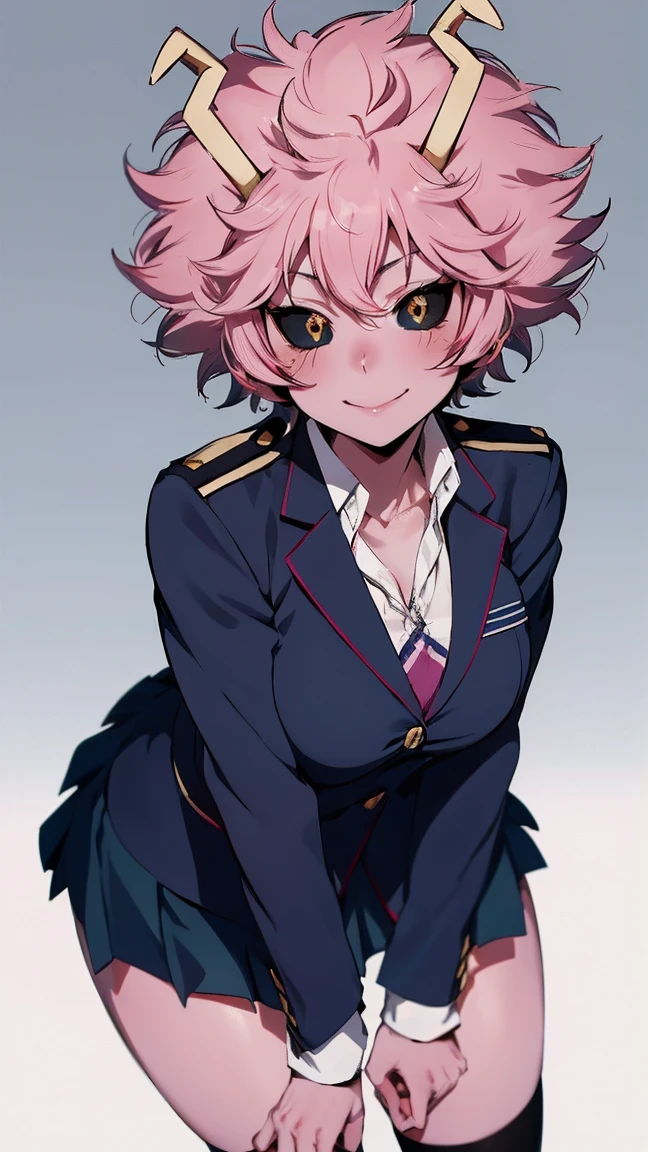 (best quality:1.3), (4k quality), 1 mature woman, Mina Ashido by boku no hero, school uniform, ((Detailed face)), (blush), whole body, large smile