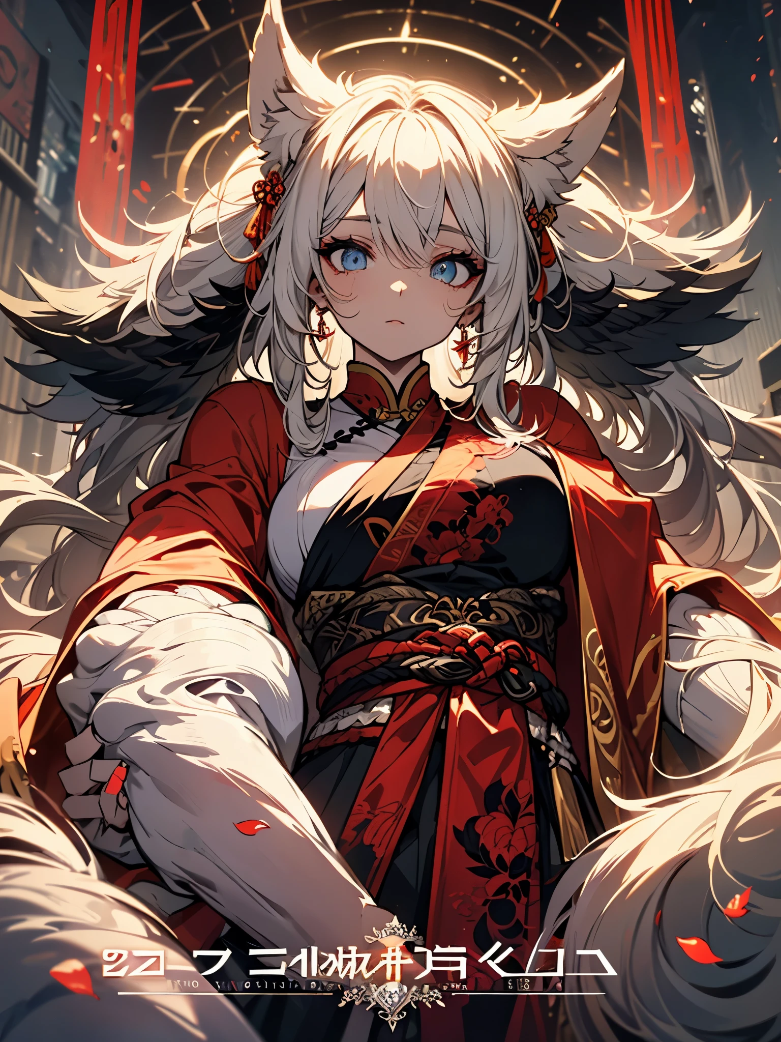 (Uma Besta Divina), Nine-Tailed Demon Fox, Dynamic Body Type, (Chinese Monster), Bonito, respingoed Ink, Chinese, 1 garota, ((Corpo todo), ((2.5D)), cabelo flutuante, olhos lindos, Olhos delicados, Silhueta Delicada, arte de fantasia, (Hanfu de brocado antigo preto e vermelho), fov, (obra de arte), Tiro frontal, Retrato lateral, fundo branco, (Movie poster), Afiado, respingo, nuvem, petals, vazio, Sky, (Lente grande angular), Vista, corpo inteiro, big ass, thick muscle body