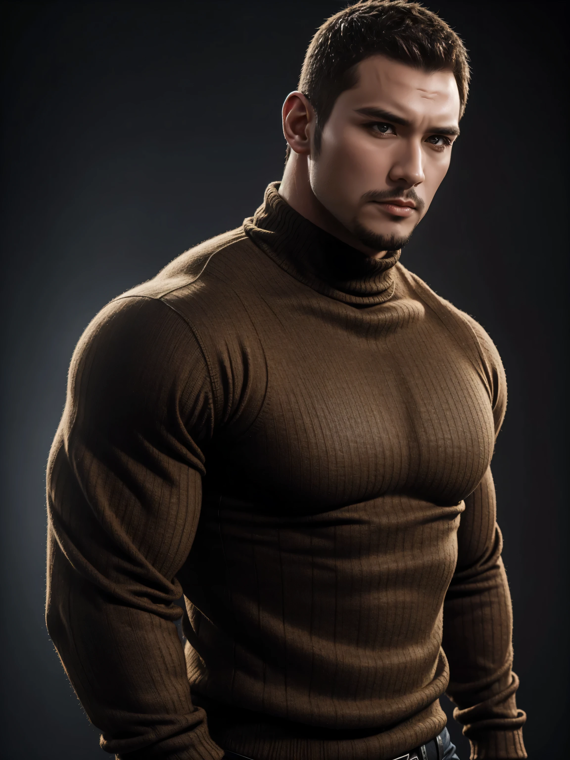 Tall giant muscular 肌肉男，Brown-gray turtleneck long-sleeved sweater，stretch sweater texture，character concept（Resident Evil - chris redfield，chris redfield）sad expression，Deep and charming eyes，heroic male pose，高大burly，muscular！High, burly, Heqiang，  Super gain and cool， high resolution committee，Charming strong man，The bright sunshine is shining on you