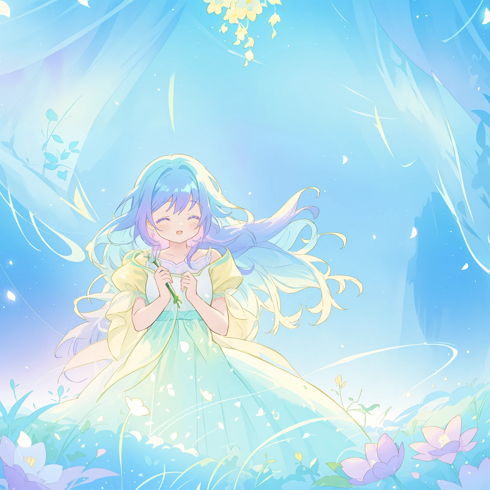 beautiful girl in yellow mint gradient flowing dress, long flowing blue purple hair, colorful fantasia background, watercolor illustration, disney art style, glowing aura around her, glowing lights, beautiful digital illustration, fantasia otherworldly landscape plants flowers, beautiful, masterpiece, best quality, anime disney style